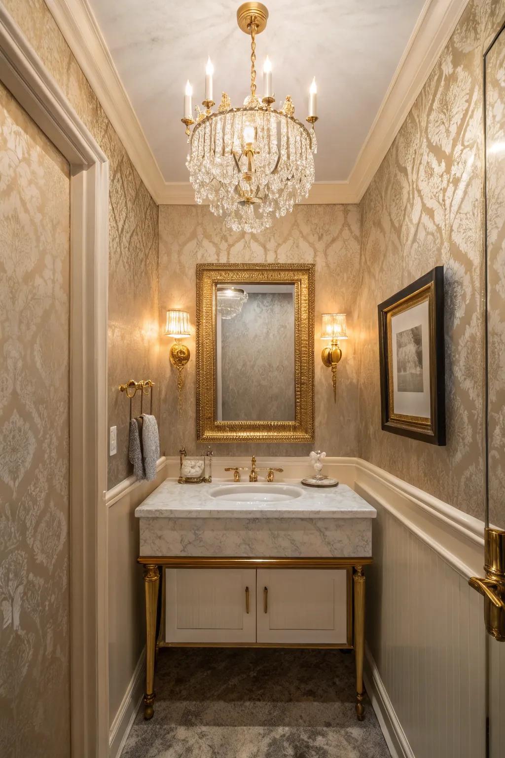 A chandelier brings a fancy touch to even the smallest bathroom.