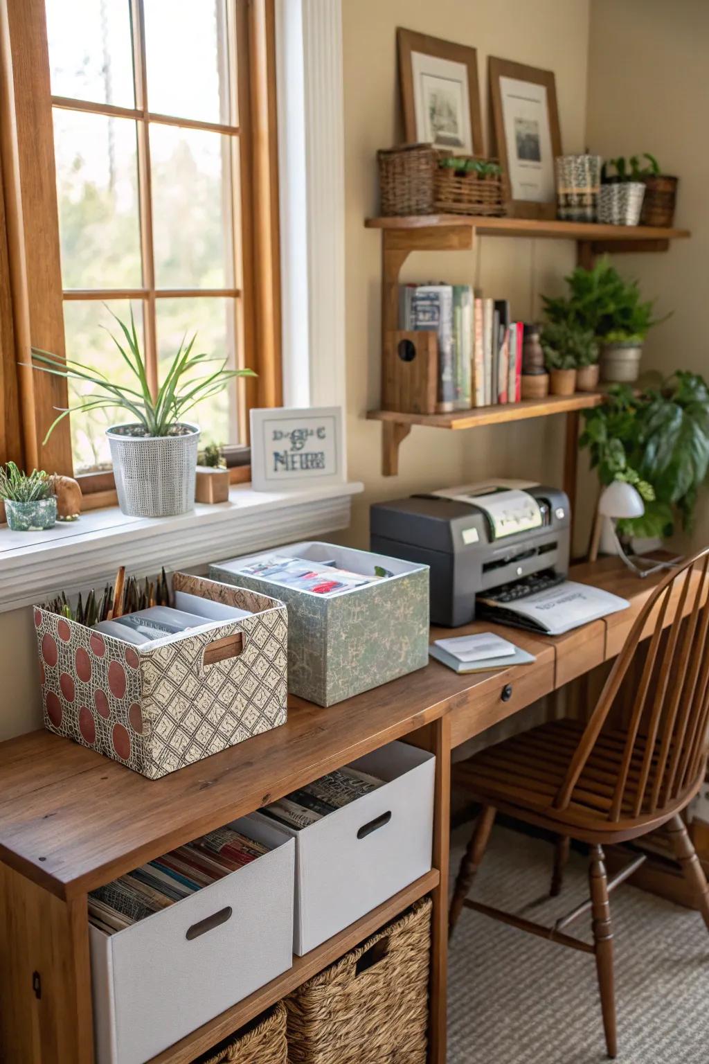 Individually created DIY storage boxes add a personal touch to paper management.