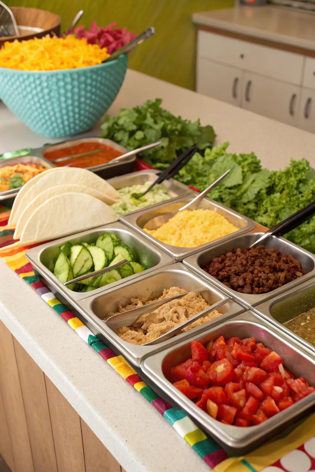 An engaging taco bar invites people to unleash their creativity.