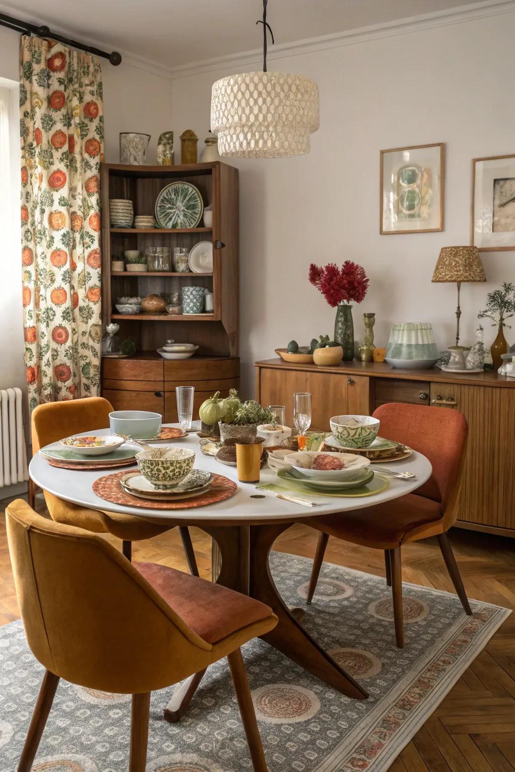 A dining room decorated with retro touches, including vintage tableware and dishes from the 60s and 70s.