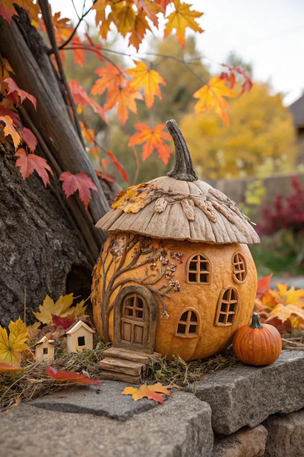 A charming miniature pumpkin cabin ideal for fairy-tale ornamentation.