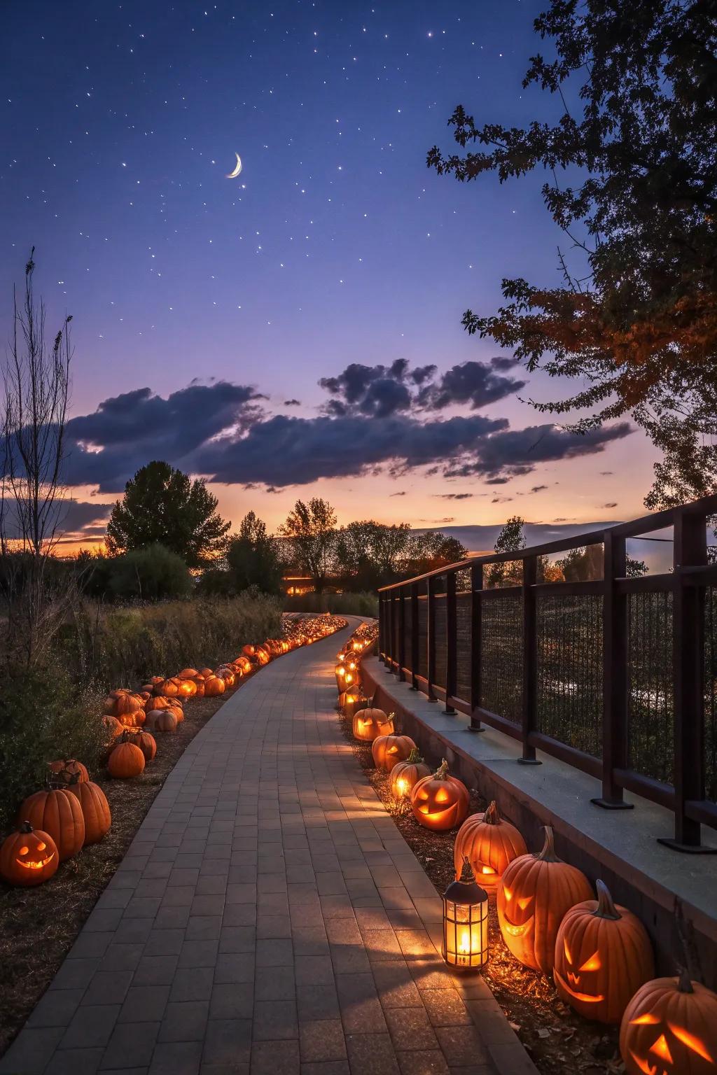 A glowing pathway illuminated by carved pumpkin lanterns.