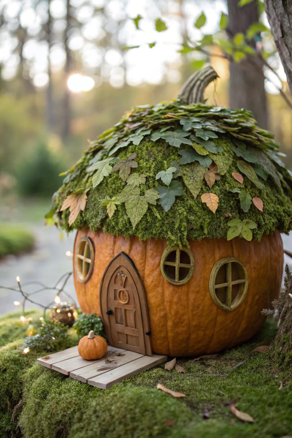 Transform your garden with this enchanting verdant-canopy pumpkin fairy dwelling.