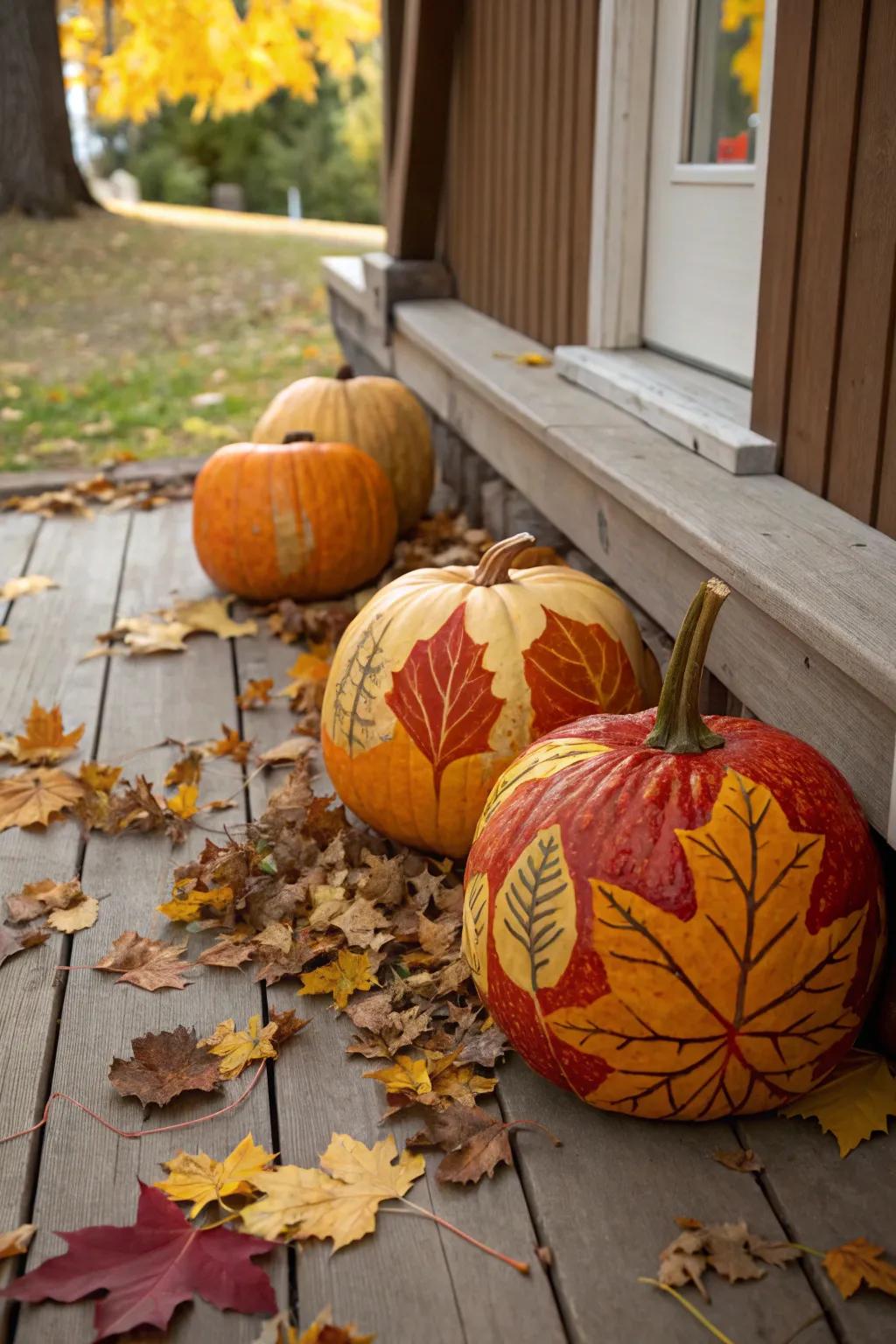 Embrace autumn with nature-inspired leaf patterns on pumpkins.