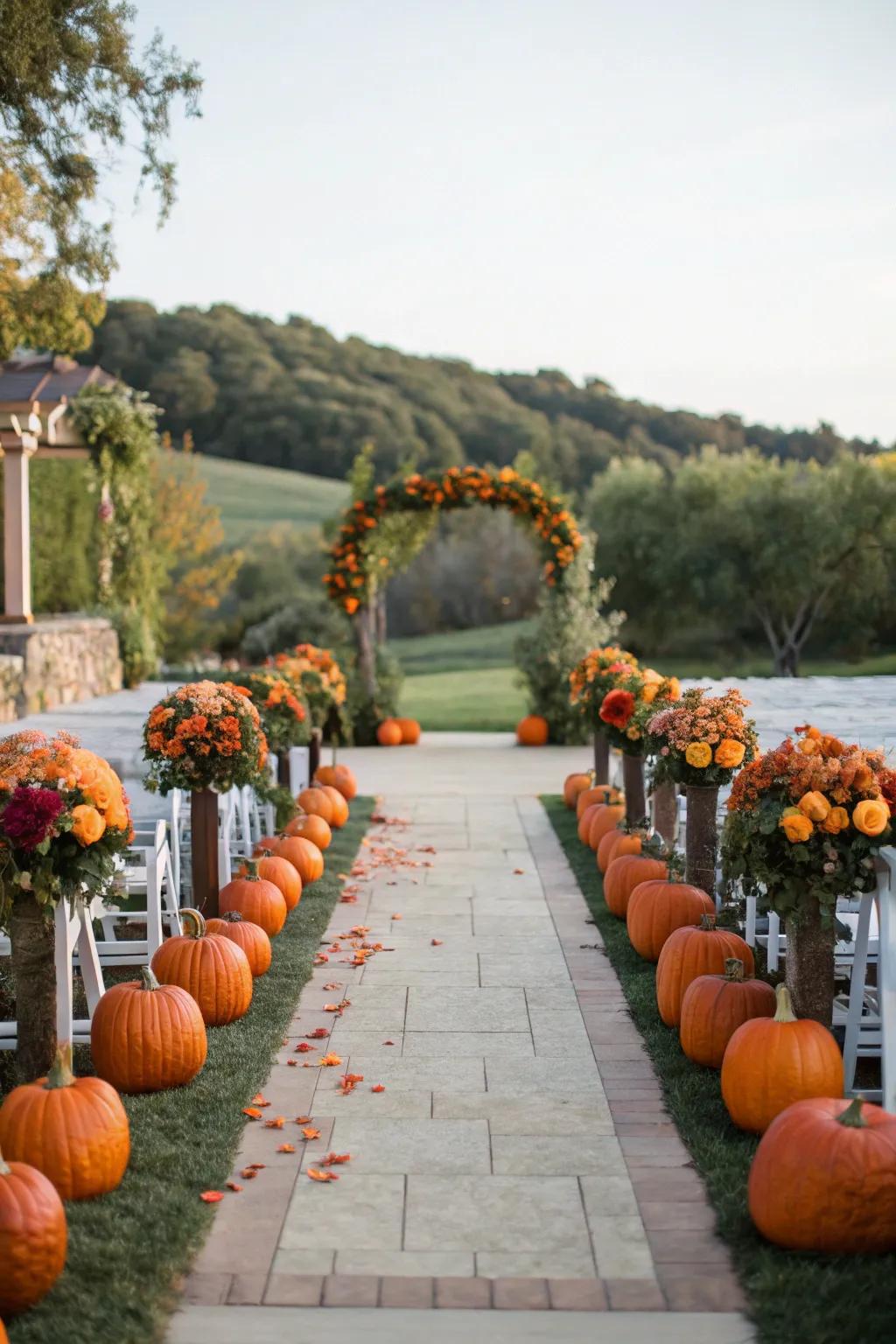 A wedding aisle beautifully adorned with gourds and blossoms.