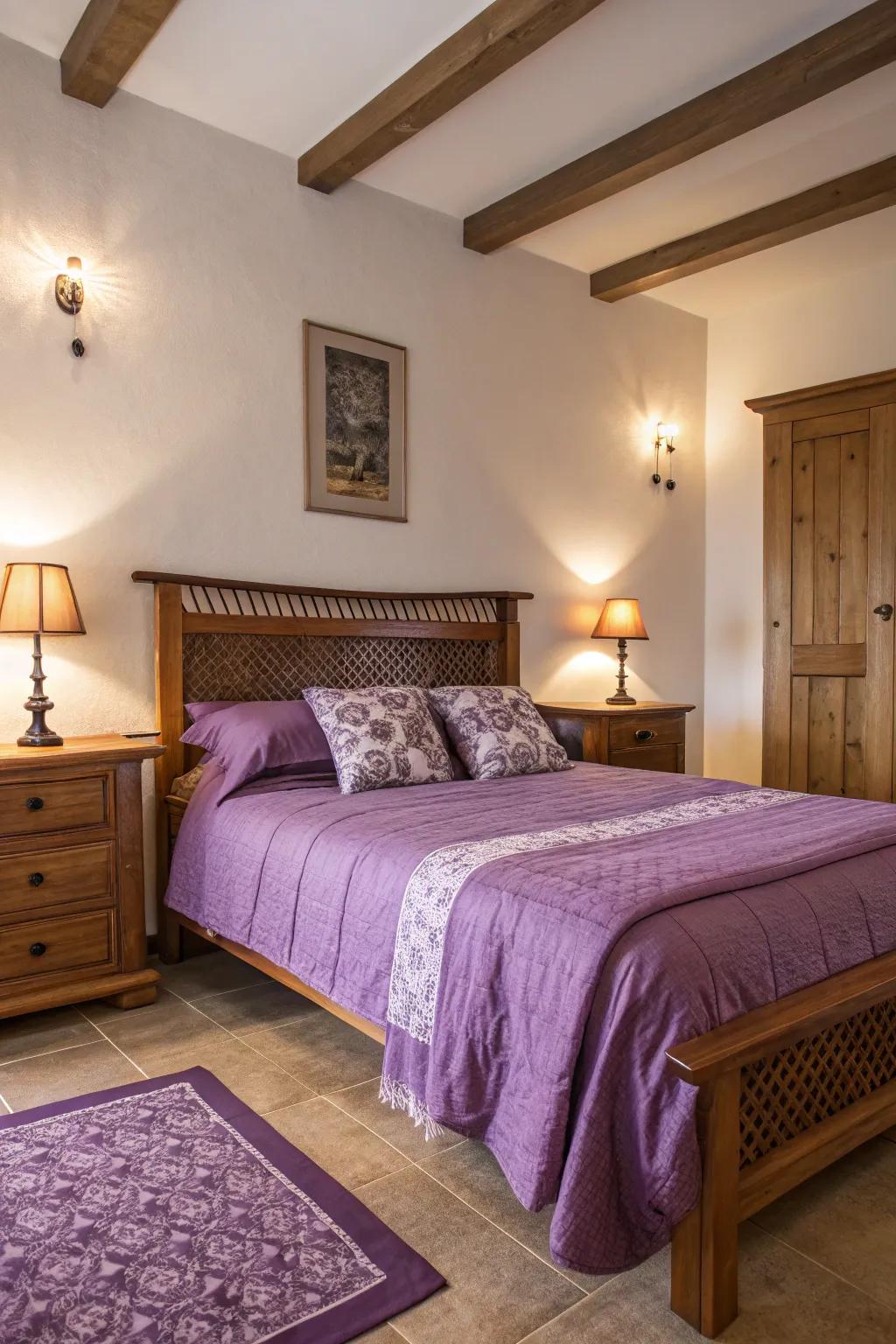 Amethyst bedding delivers boldness and warmth to this bedroom.