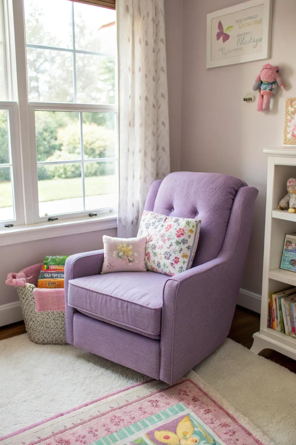 A comfy purple glider incorporates convenience and flair.