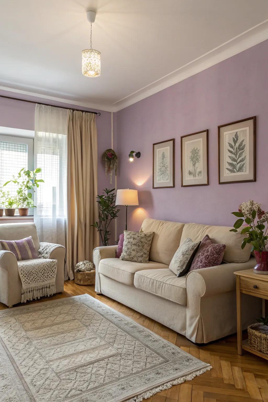 A welcoming space featuring a violet haze emphasis paneling that enhances neutral decorations.