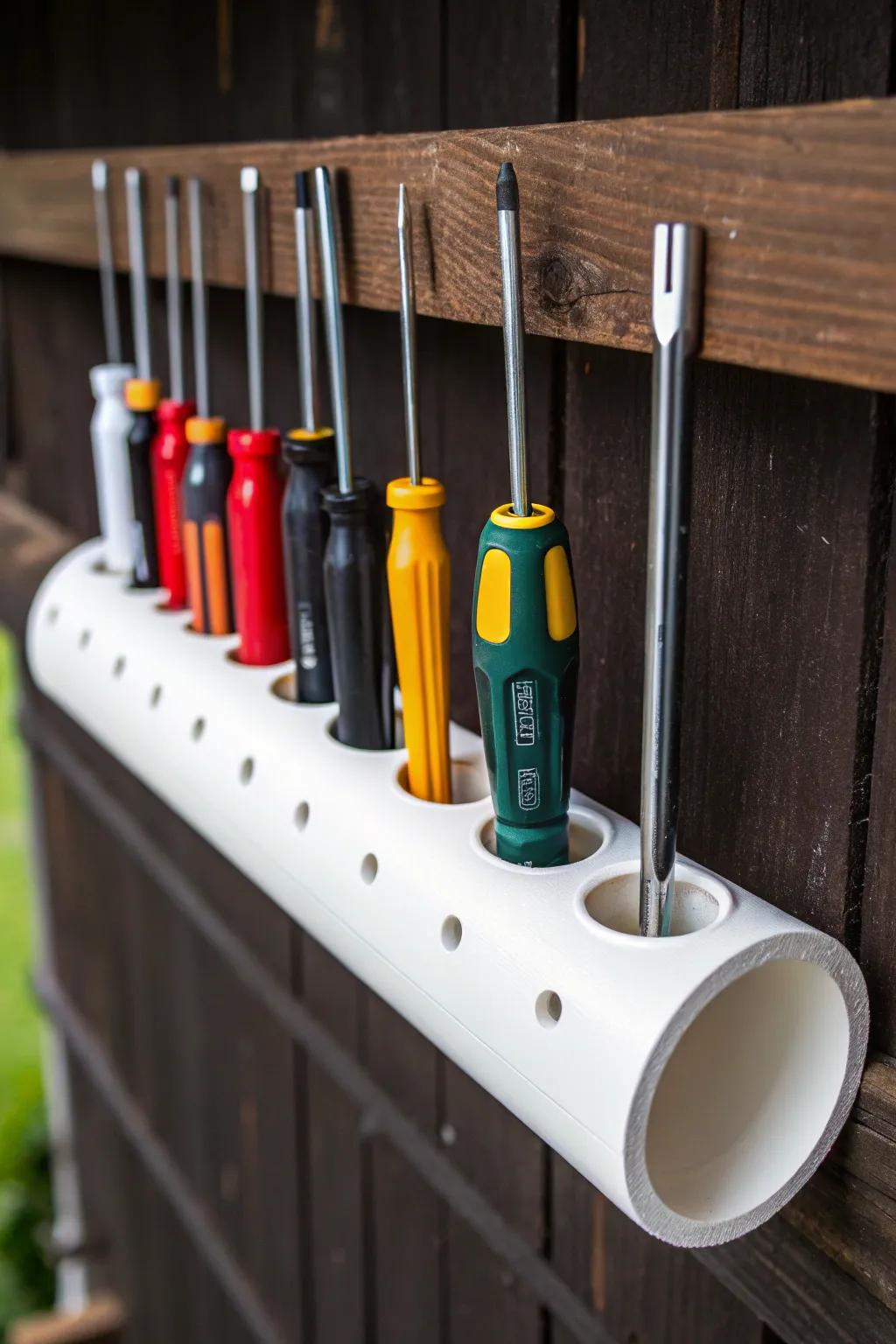 Revolutionize your tool storage with this innovative polyvinyl chloride pipe screwdriver stand, mixing practicality with style.
