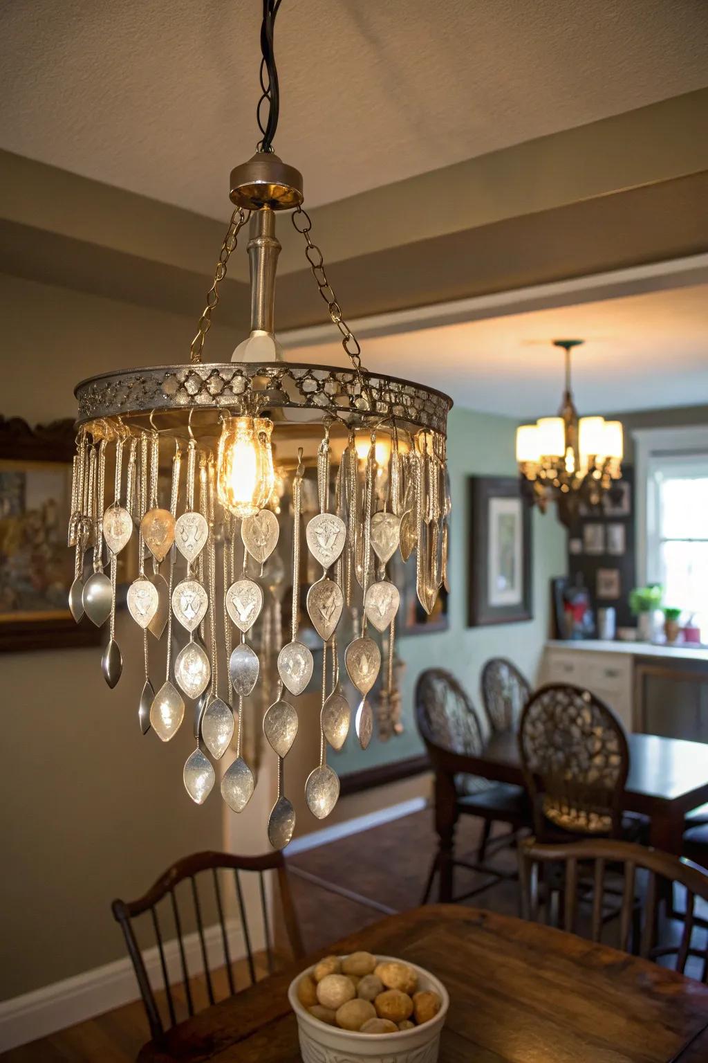 A quirky chandelier made from repurposed eating utensils.