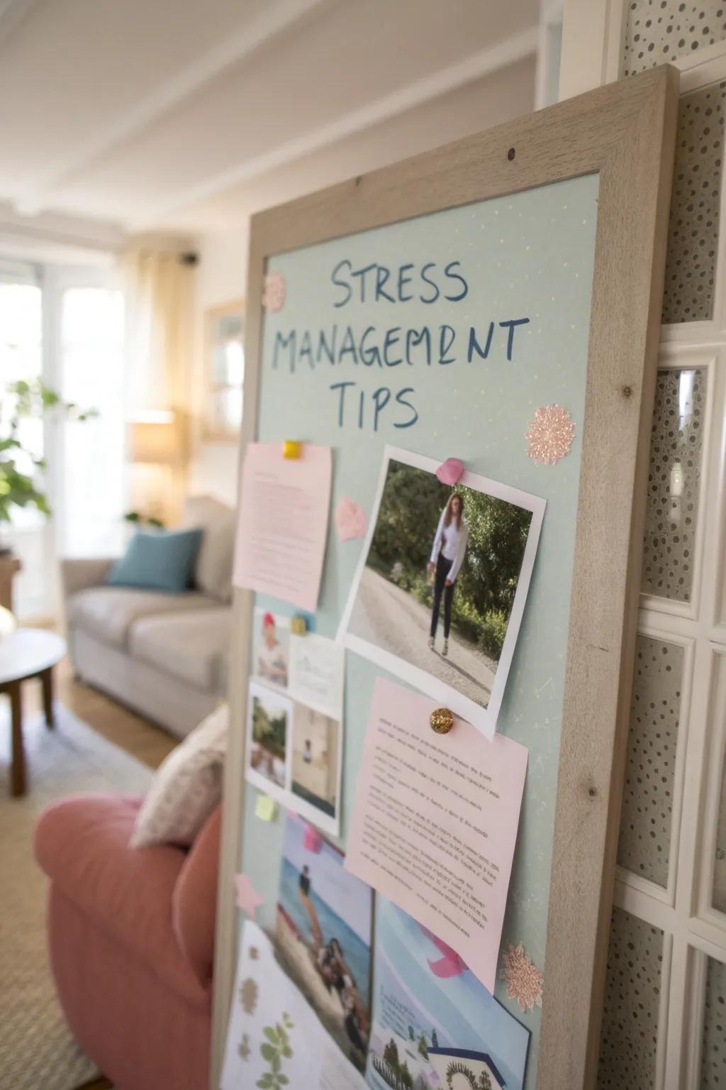 A board with a tranquil design that presents practical stress management strategies.