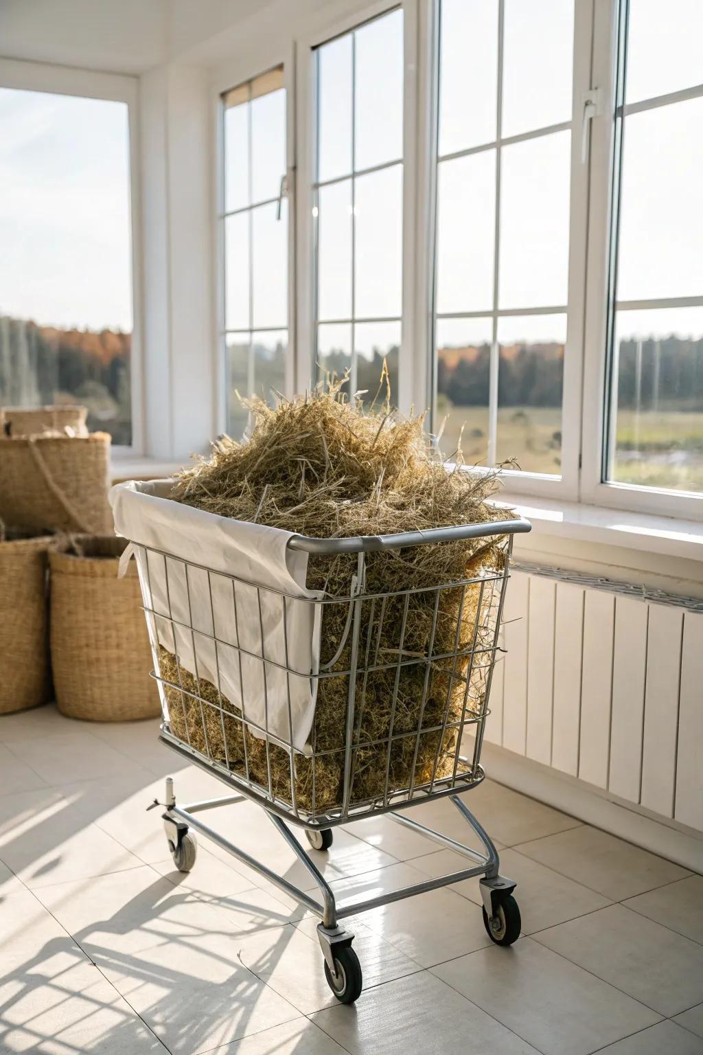 A mobile laundry basket cart providing a convenient way to store hay.