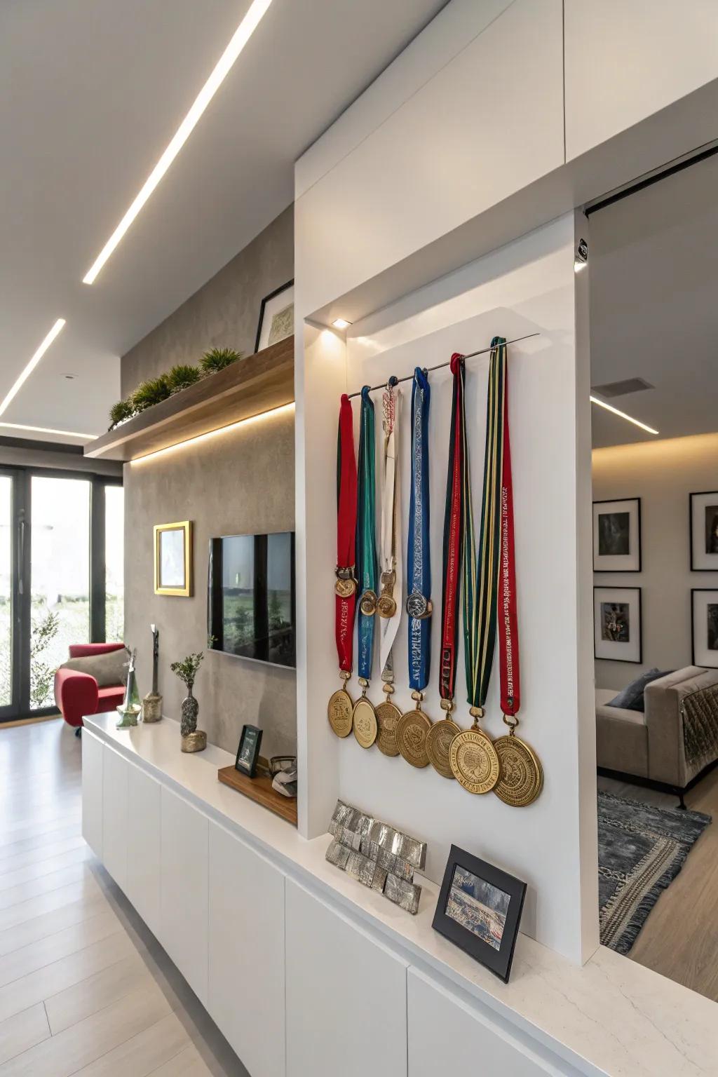 Floating shelves add a contemporary twist to showcasing your racing achievements.