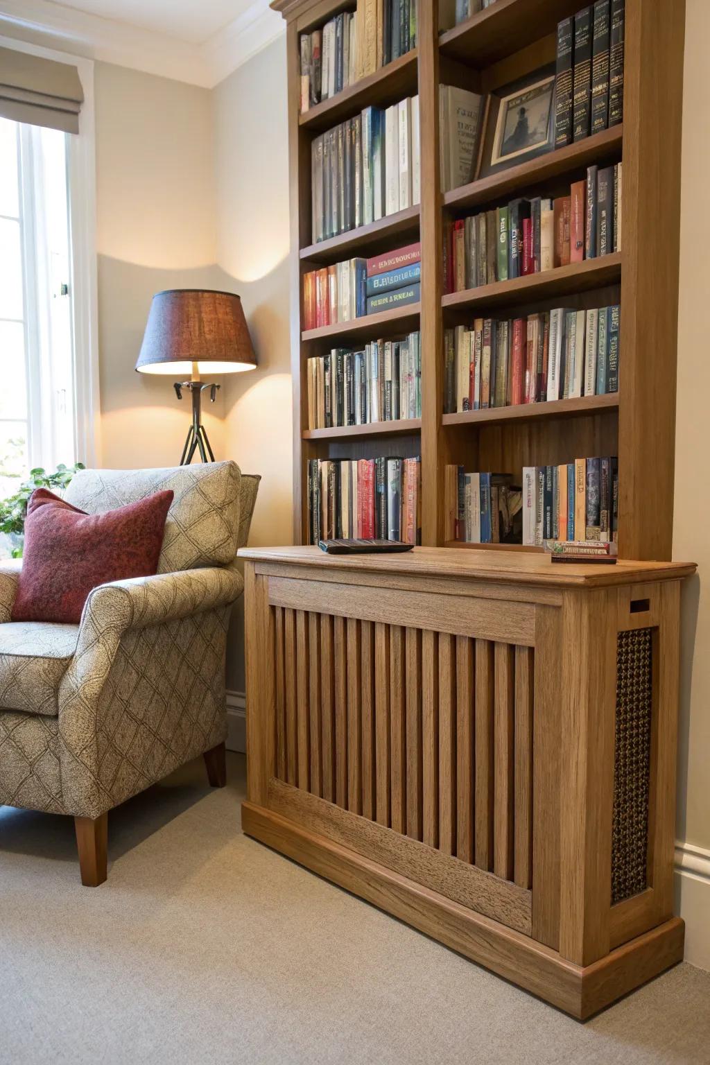 A timber radiator face introduces a warm, natural detail to a reading corner.