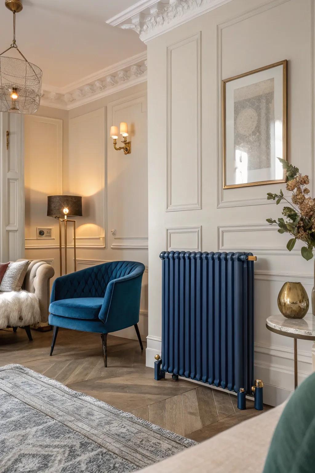 A dark sapphire radiator injects drama and depth.