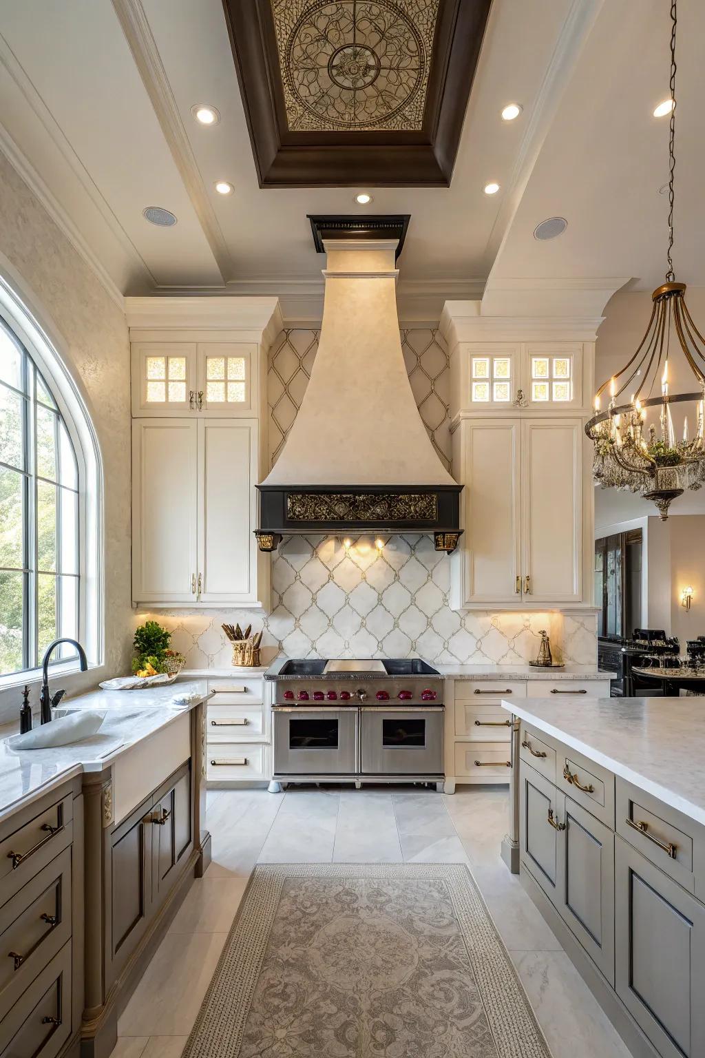Impressive extended height range hood for a dramatic kitchen centerpiece.