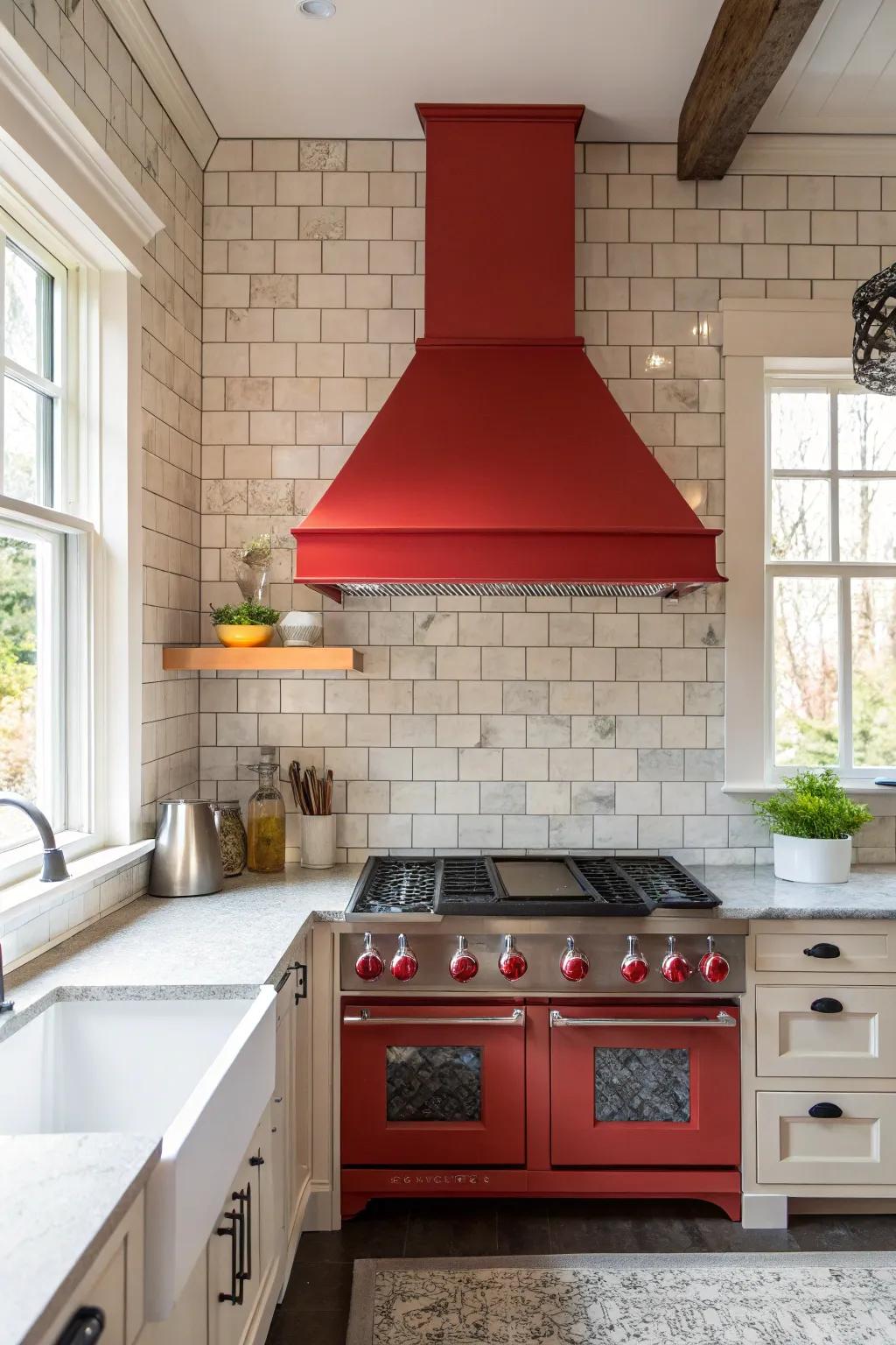 Kitchen featuring a vent hood in a vibrant color set against a backsplash of neutral tiles.