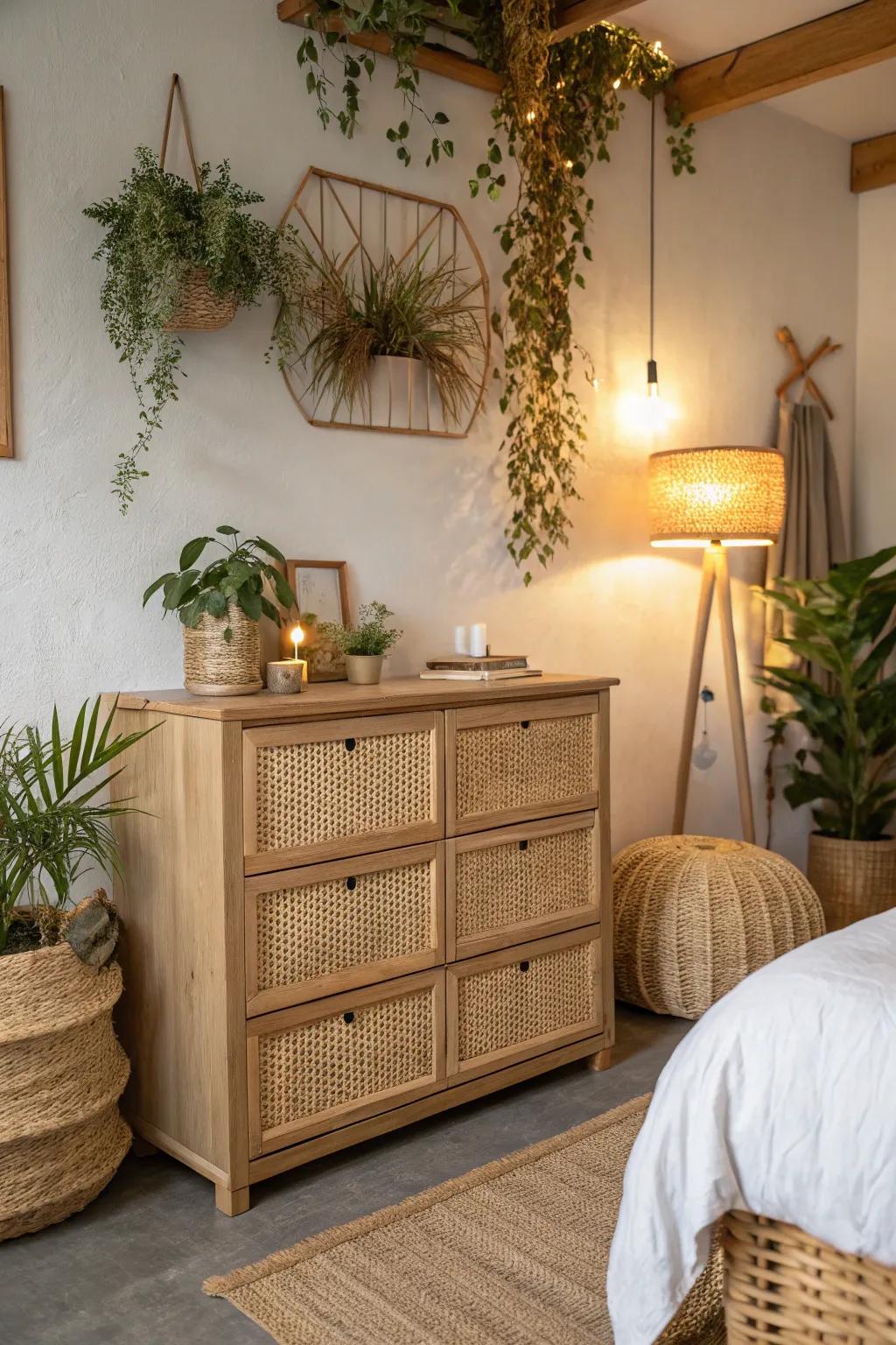 Keep your necessities in style using a rattan dresser.