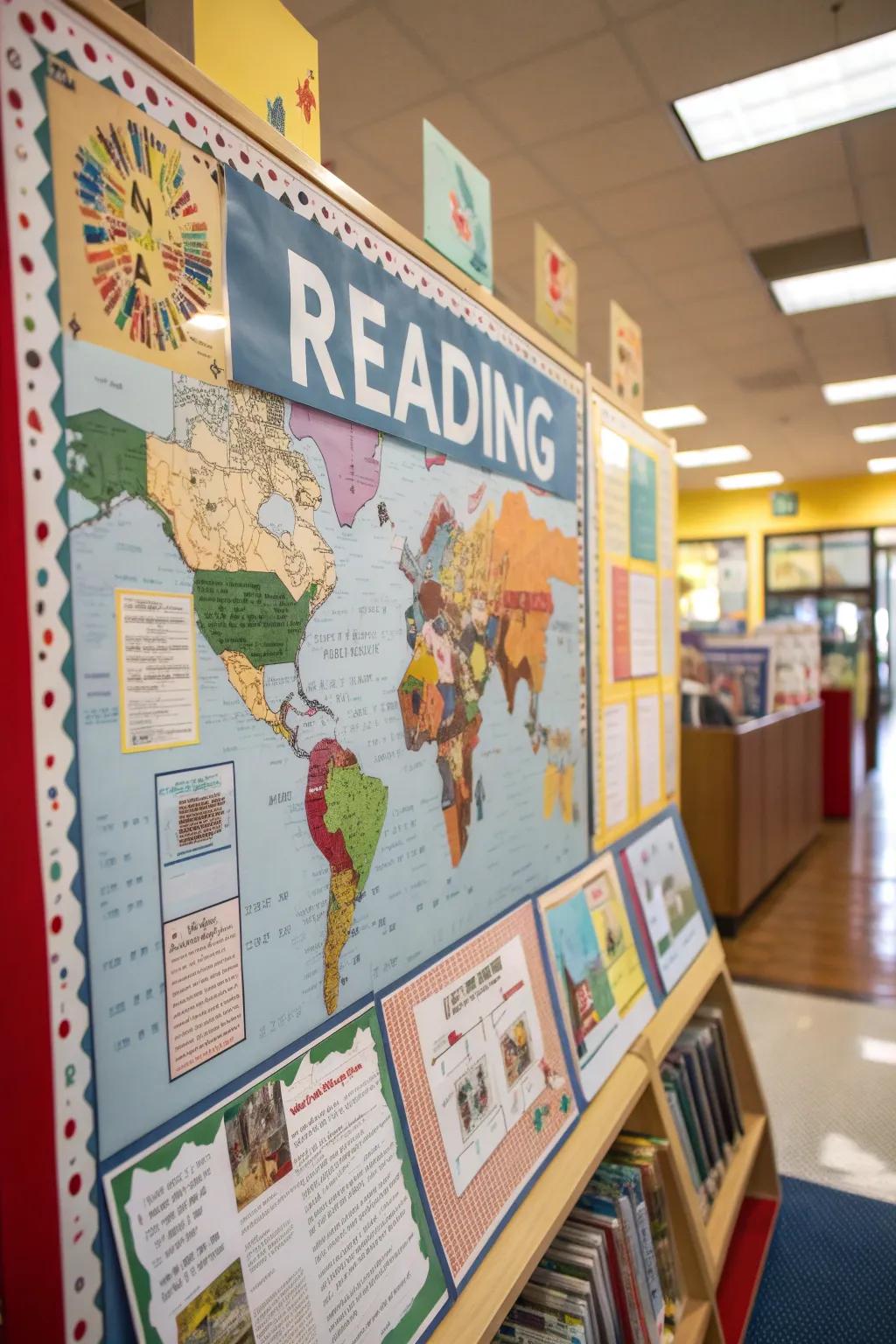 Maps and directional signs encourage readers to journey through different book genres.