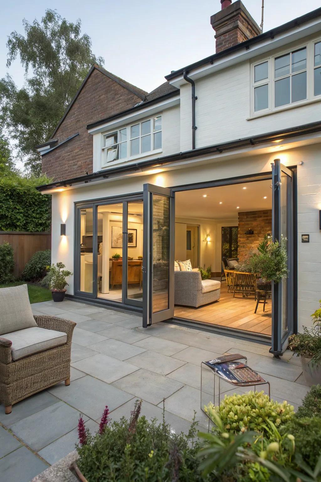 A back house extension featuring folding entryways that effortlessly unite indoor and outdoor spaces.