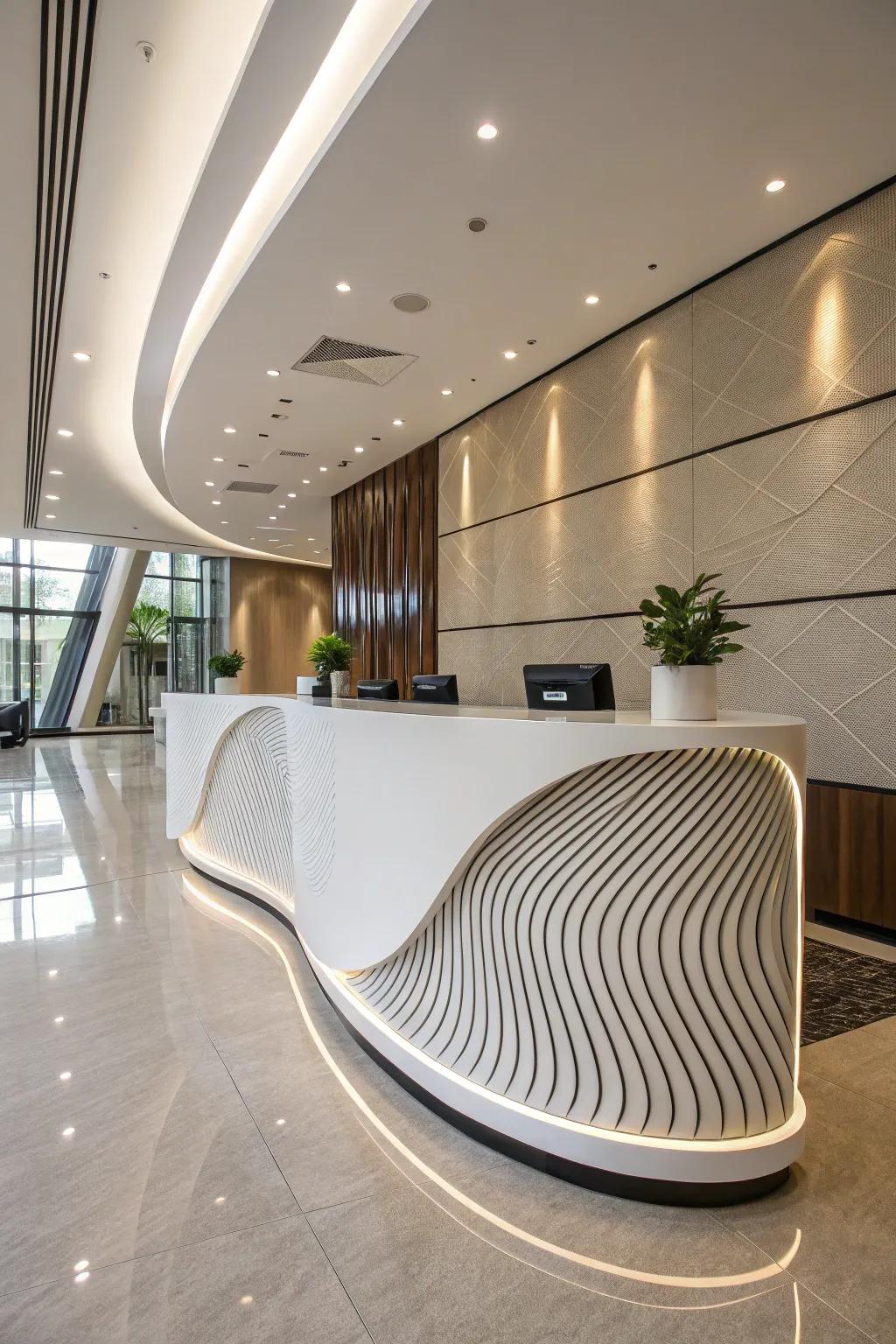 A striking front desk with elegant curves.