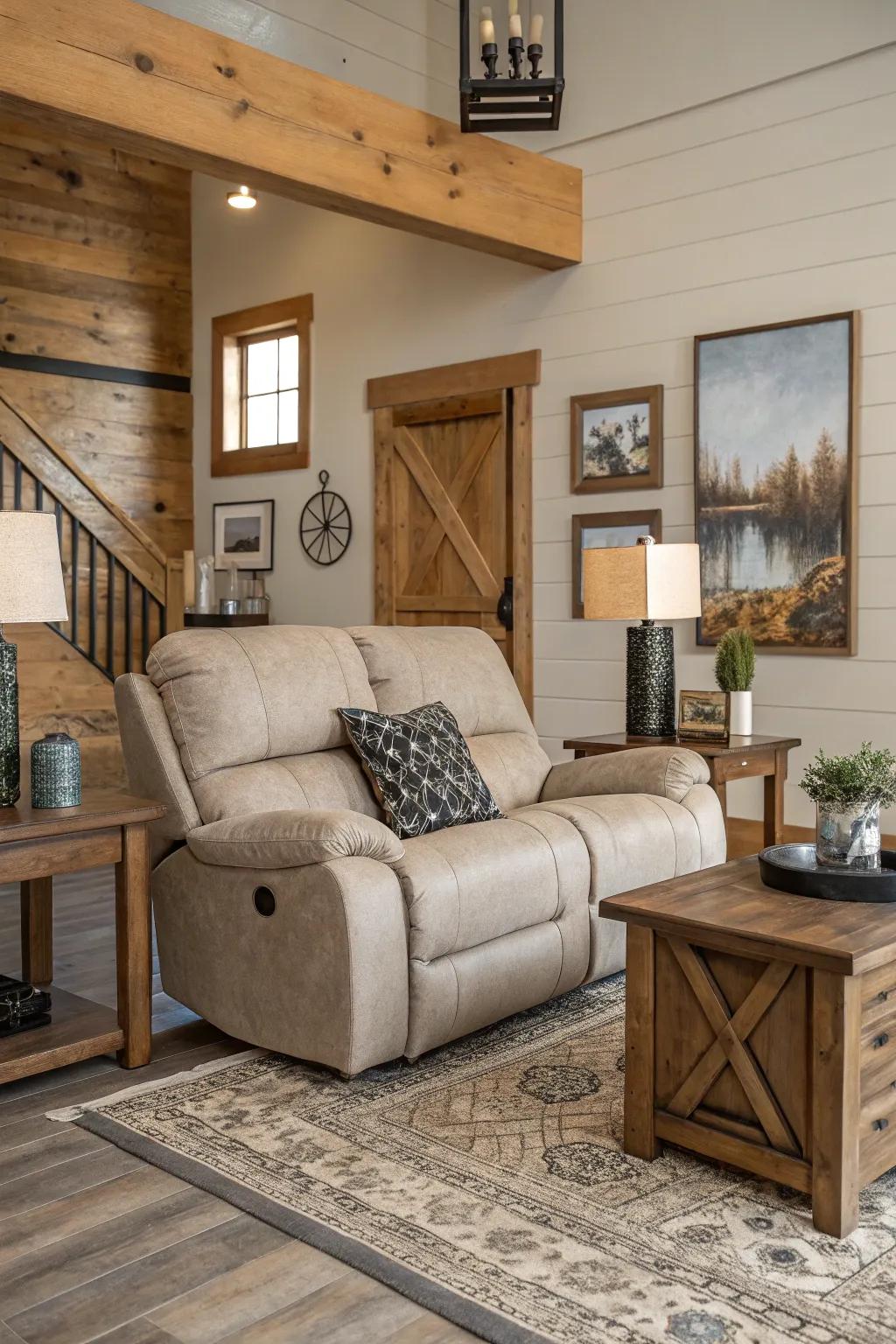 A seamless integration of modern and rustic elements around a comfortable recliner sofa.
