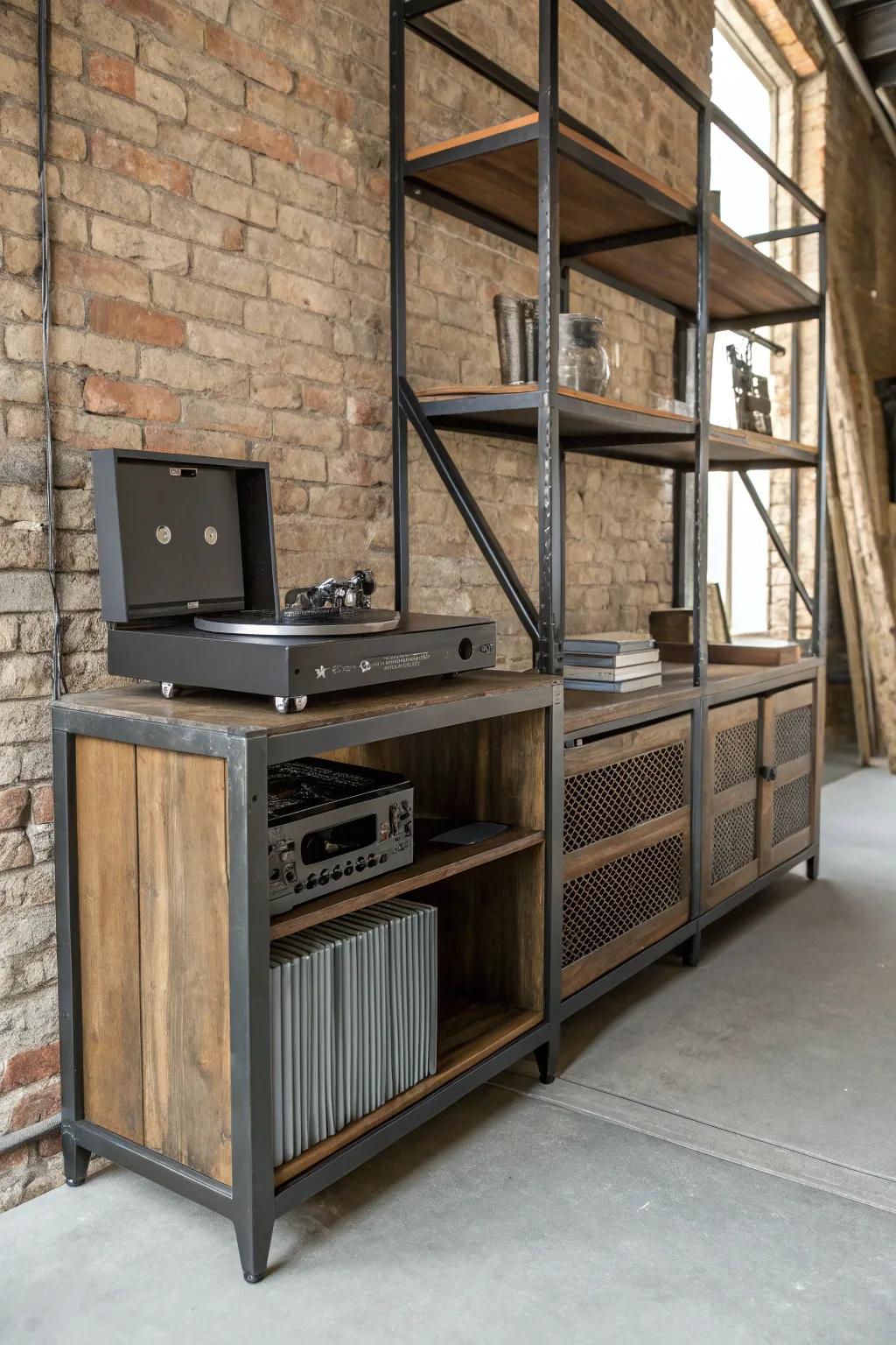An industrial chic record player setup, combining metal and wood.