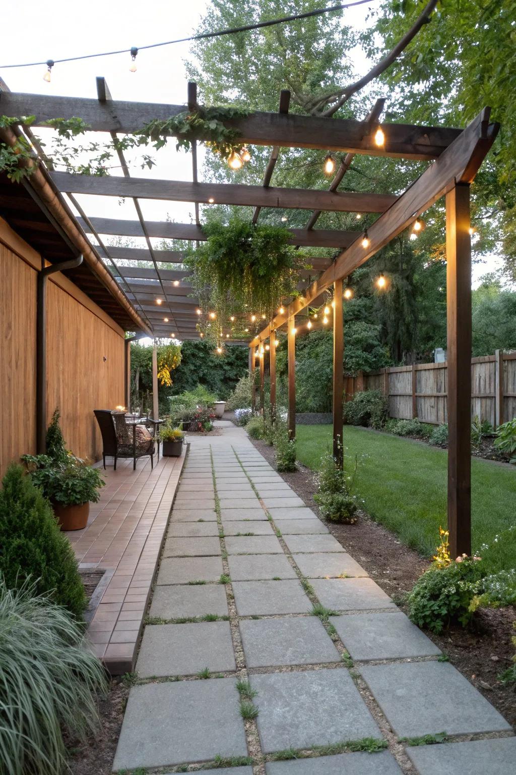 A pergola adds charm and functionality.
