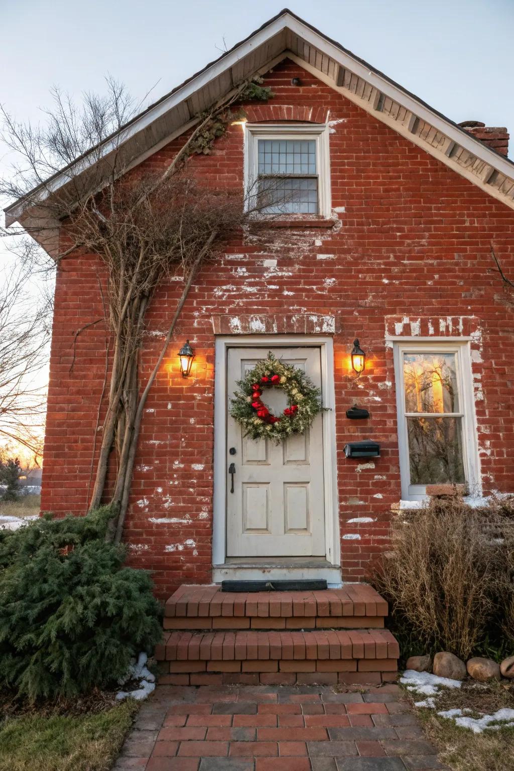 A seasonal ornament adds a welcoming touch to a red brick front porch.