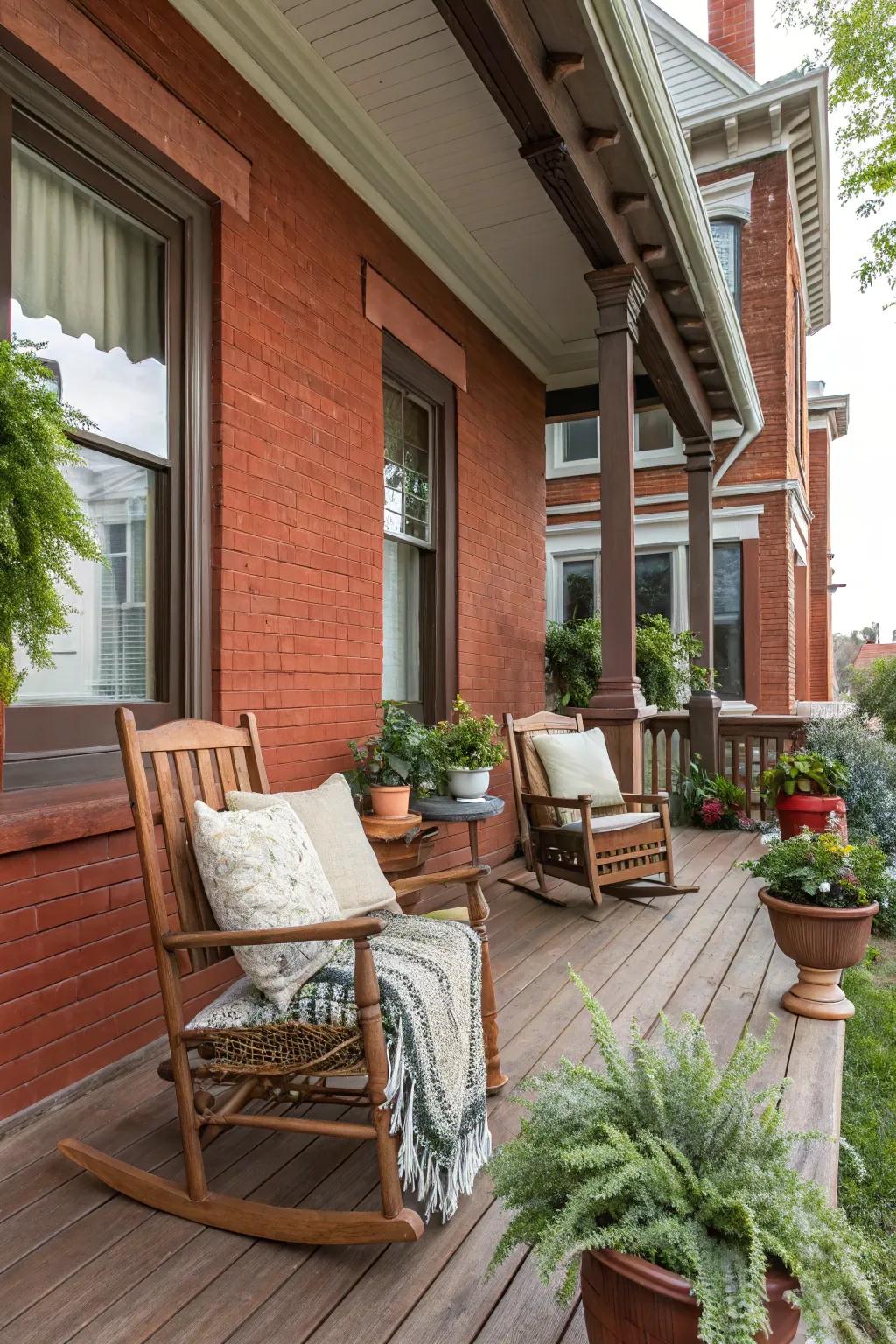 A welcoming porch elevates the charm of this red brick house.