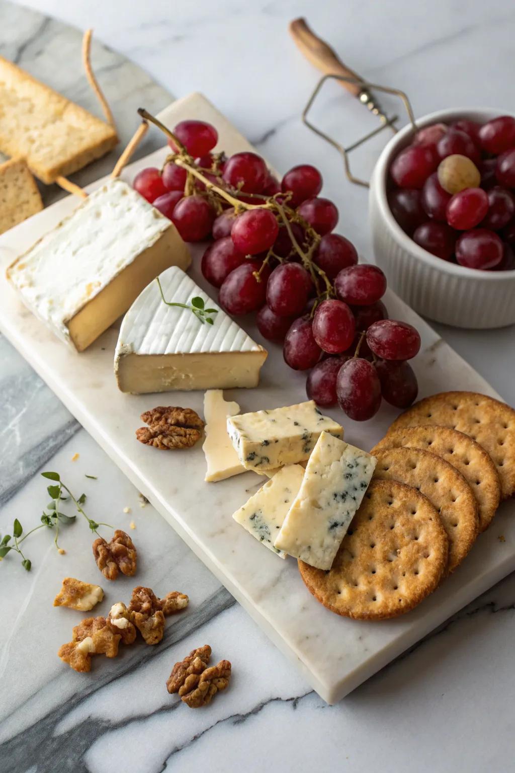 A cheese board with red emphasizes adds refinement to parties.