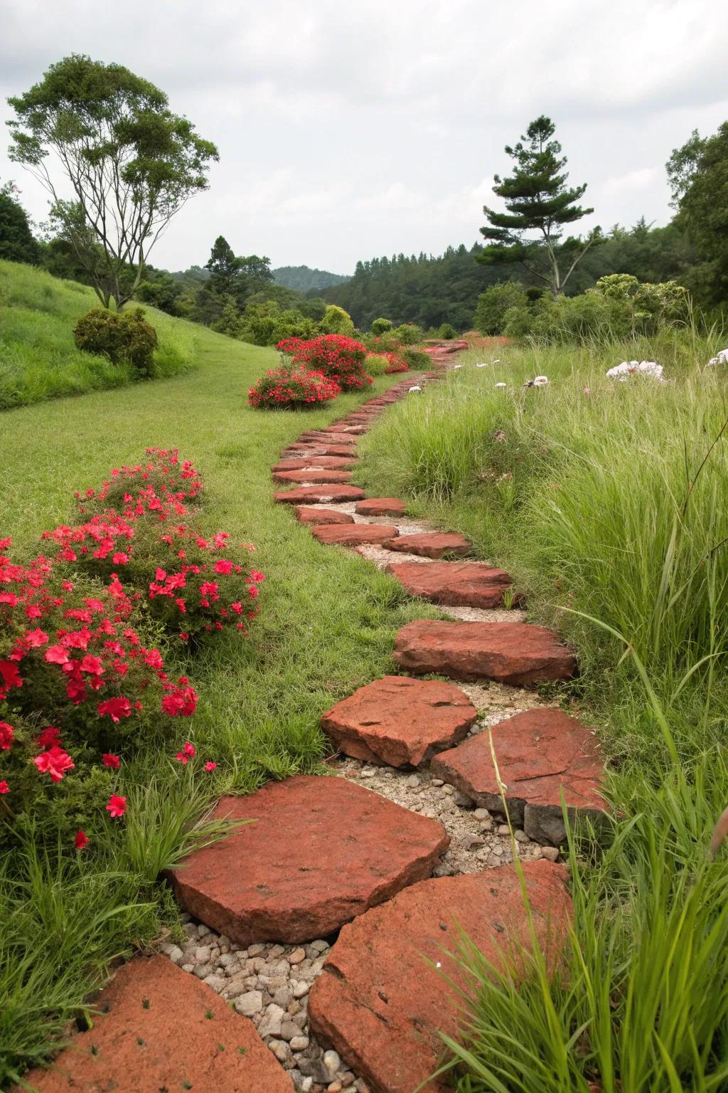 A captivating path lined with crimson volcanic stones and stepping pavers.