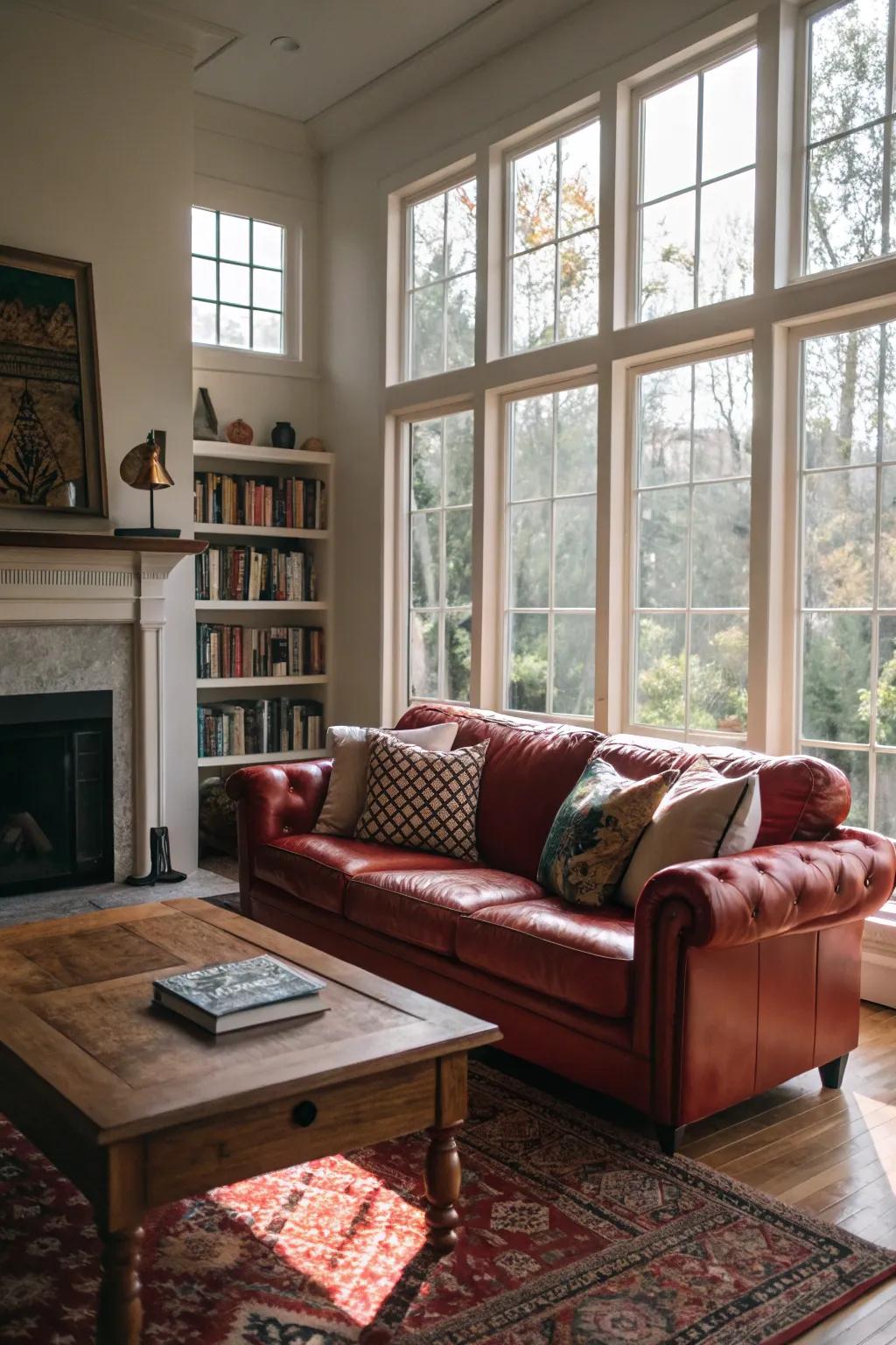 Sunlight can beautifully accentuate the hue and composition of a crimson hide sofa.