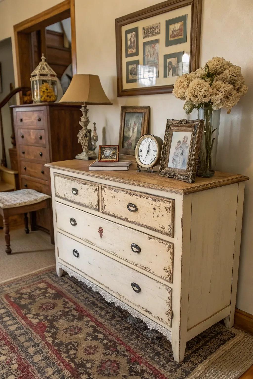 A distressed finish lends enduring charm to any dresser.