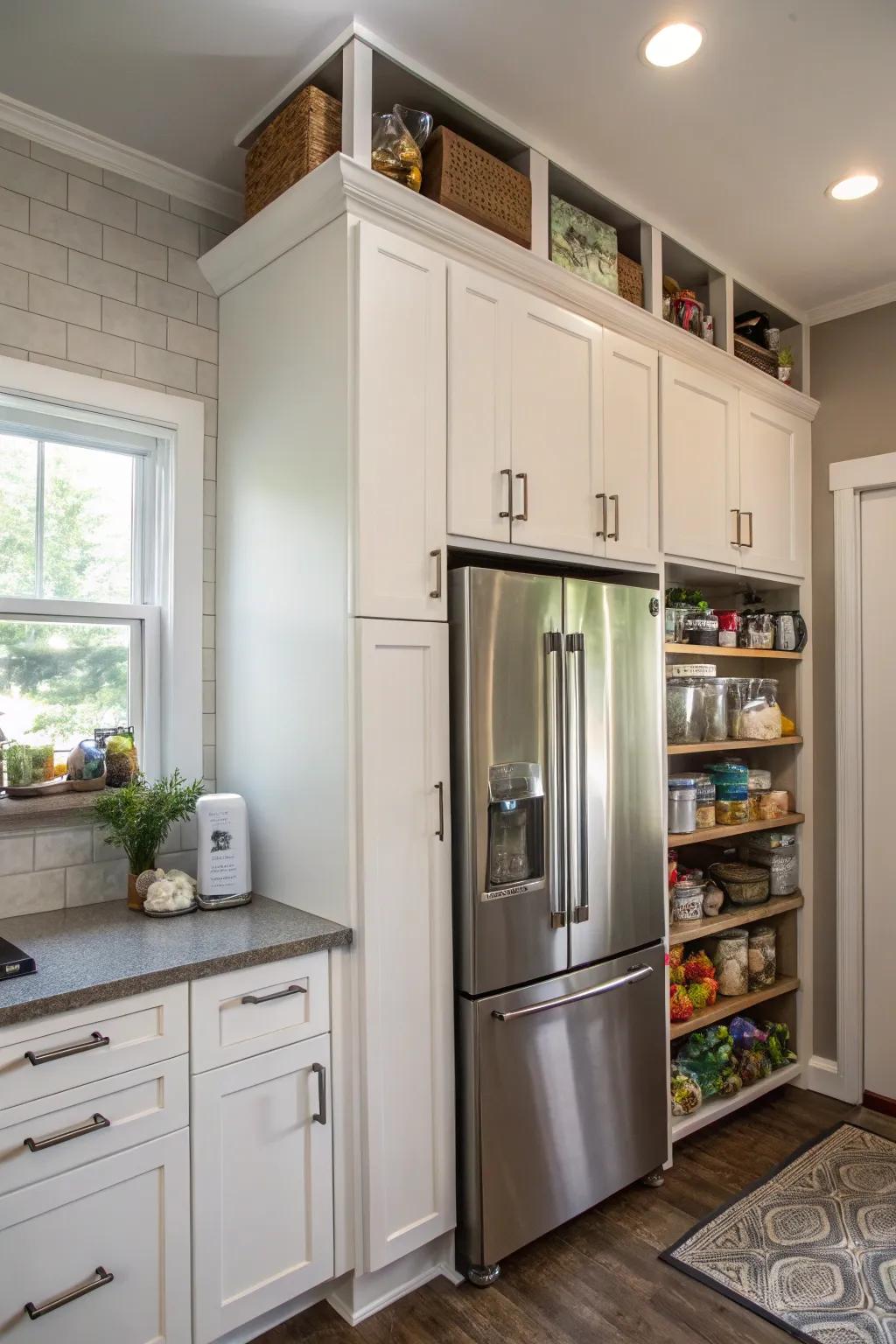 Use the area above the refrigerator with fashionable high-up cabinets.