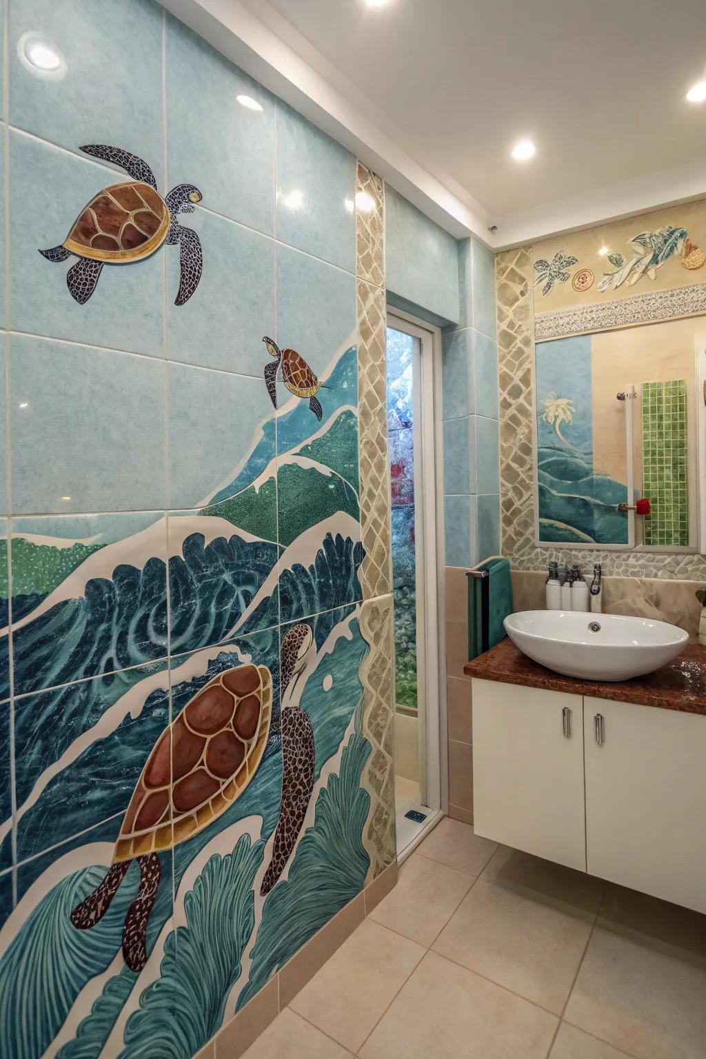 Ocean-themed tiles bring a soothing, beachy atmosphere to the restroom.