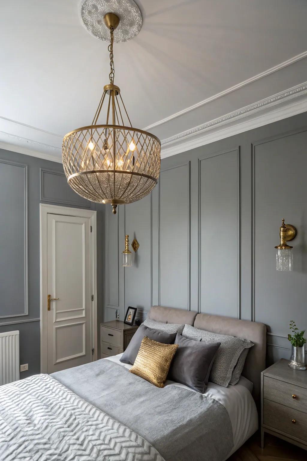 Gentle lighting elevates the peaceful mood of a repose gray bedroom.