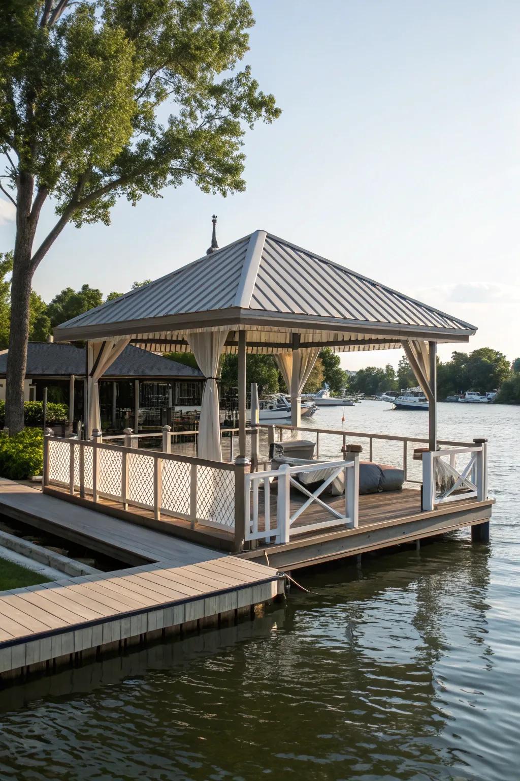 A functional dock featuring a canopy for enjoyment in any weather.