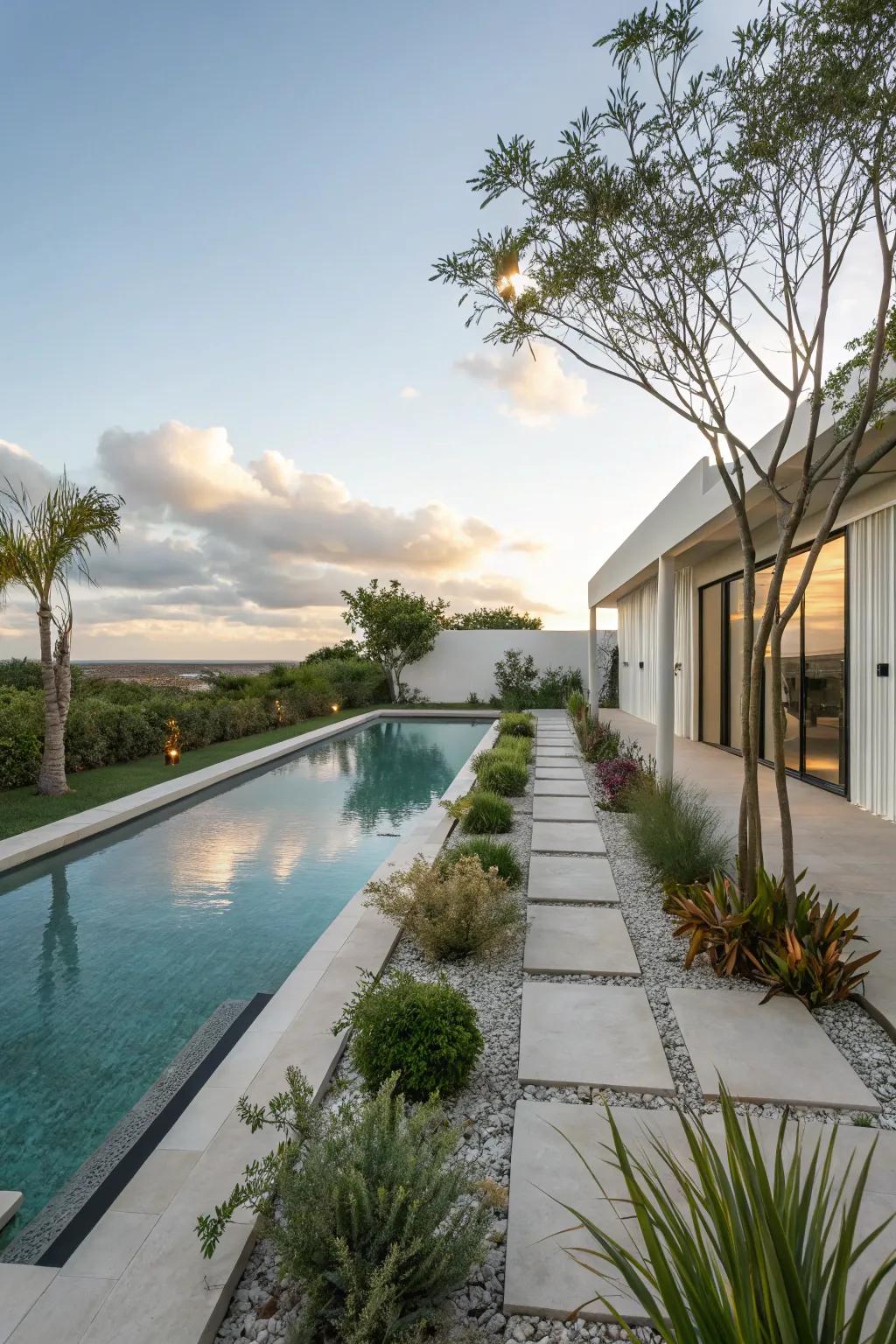 Simple greenery complements the sleek design of modern pools.