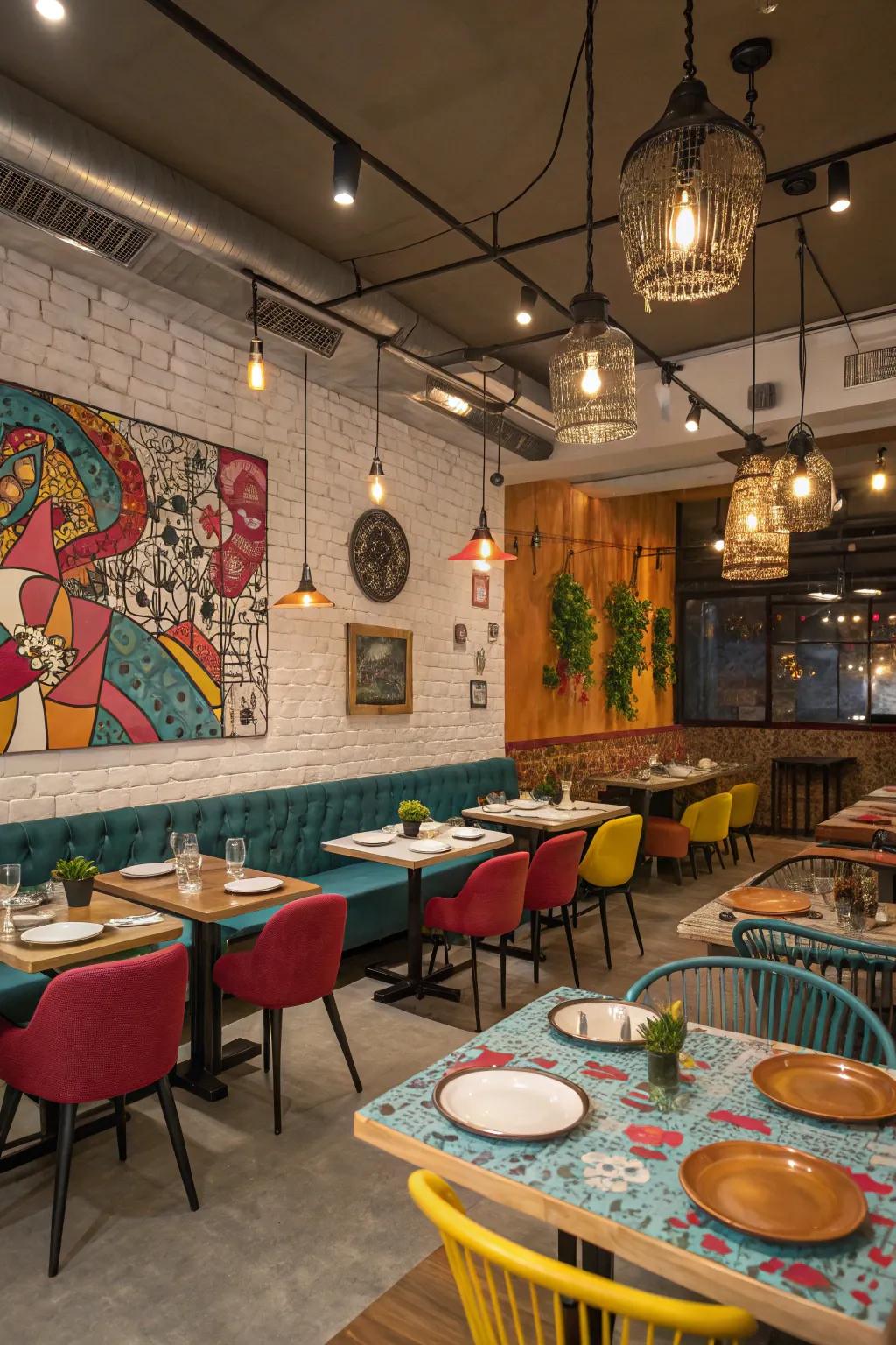 An eclectic restaurant bursting with color and artistic touches.