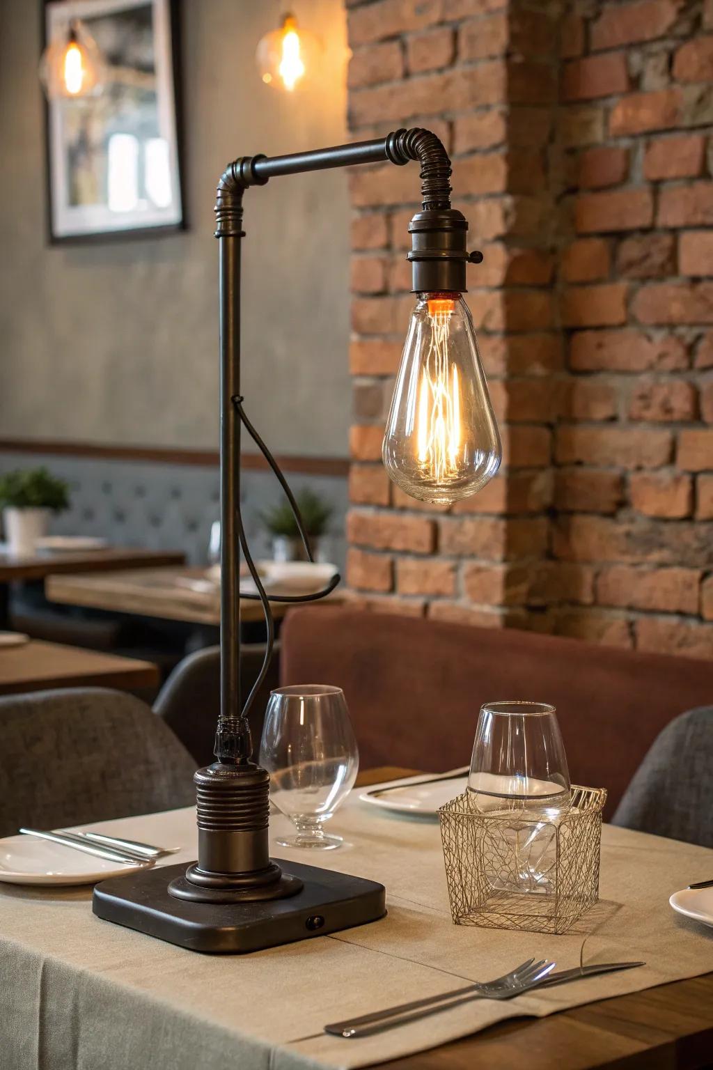 Industrial metal table lamp with exposed bulb positioned on a restaurant table, set against a brick wall.