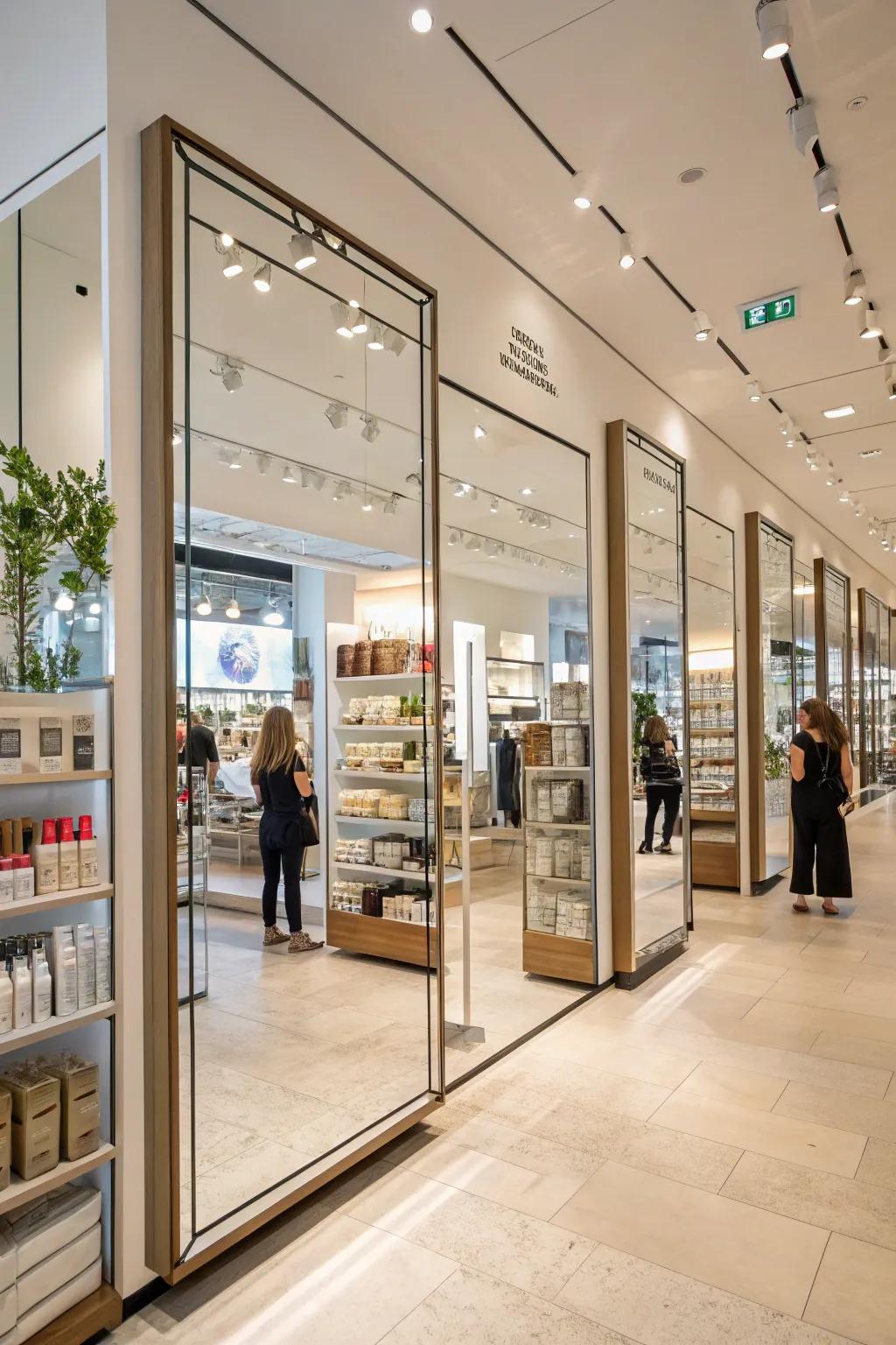 Strategic placement of reflectors can render a diminutive retail area feeling commodious.