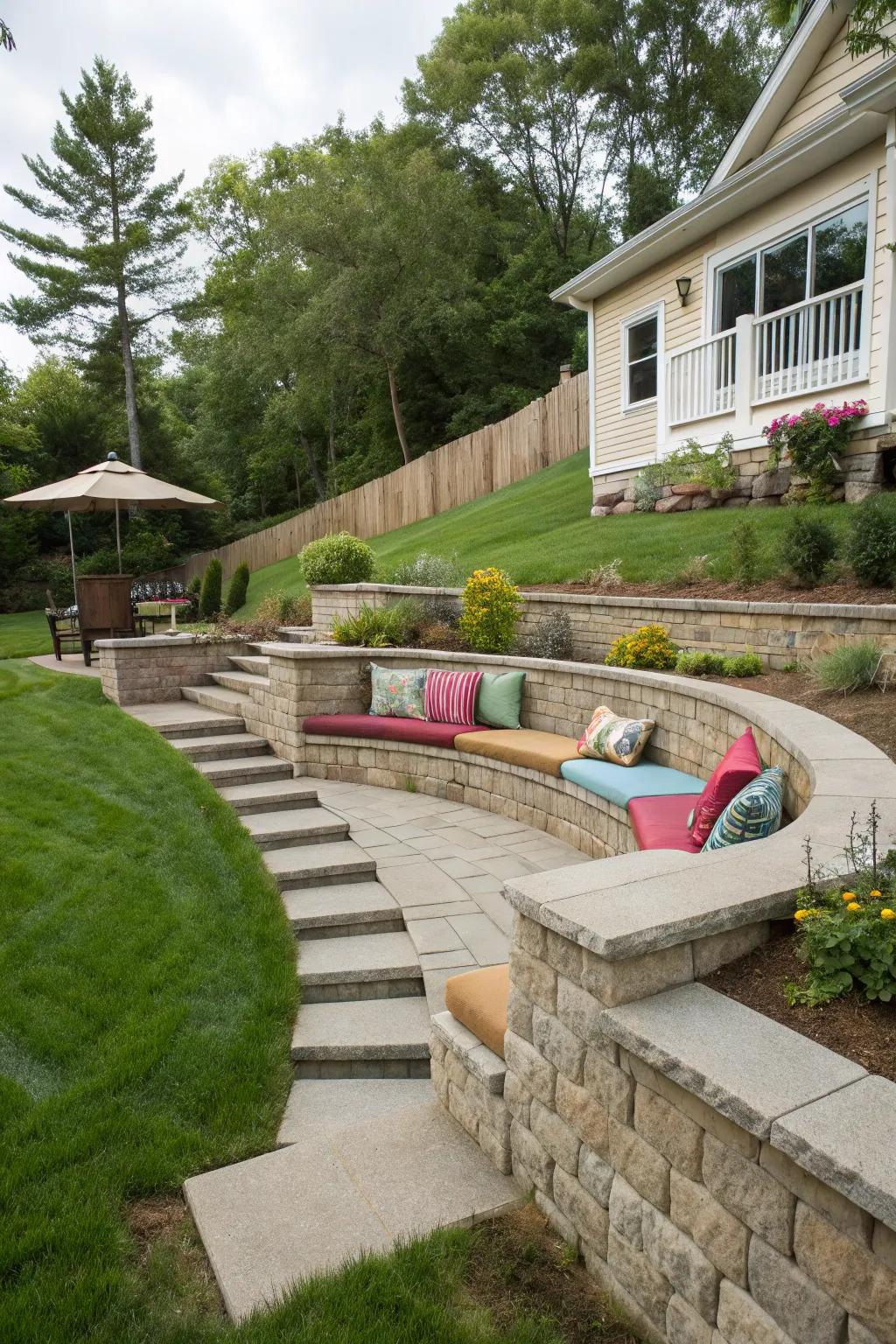 Seating walls provide essential support while offering a comfortable place to relax.