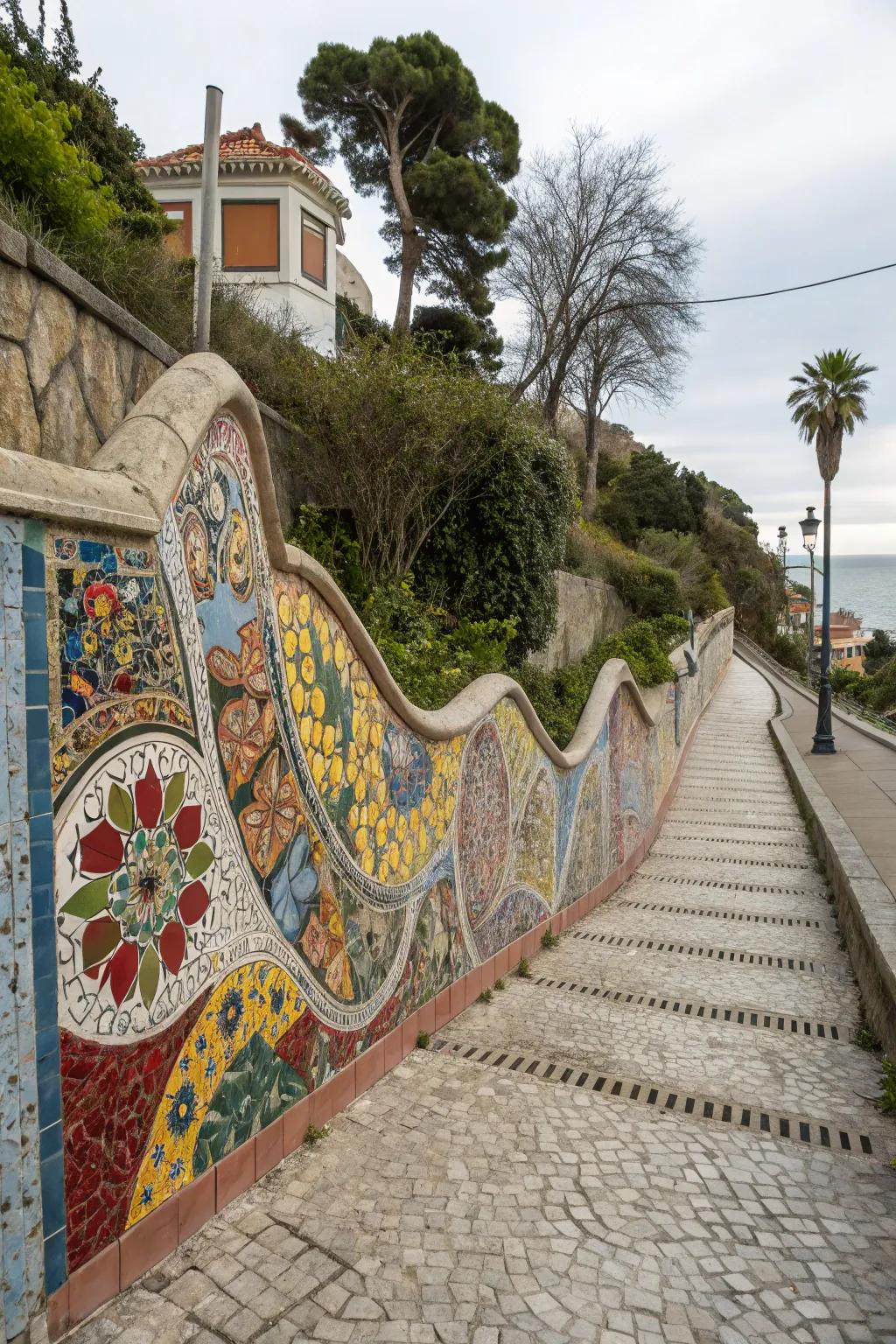 Add artistic flair to your retaining wall using mosaics.
