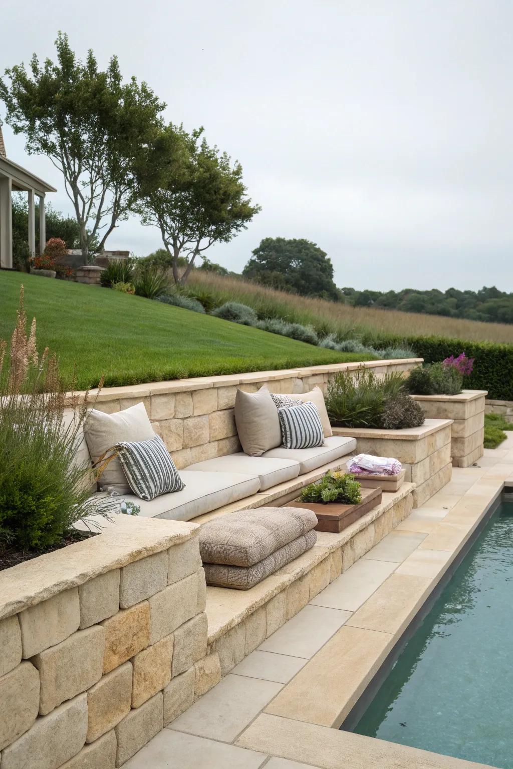 A retaining wall with integrated seating for relaxing by the pool.