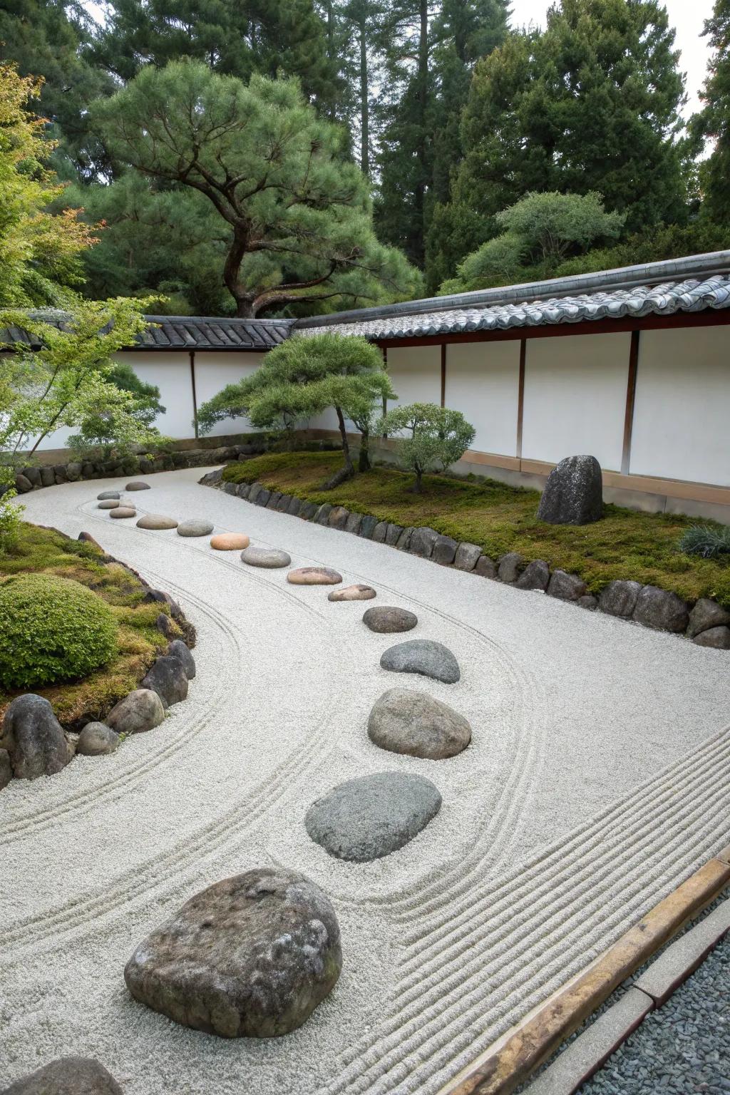 A sparse Zen stone garden featuring structured stones and smoothed gravel.