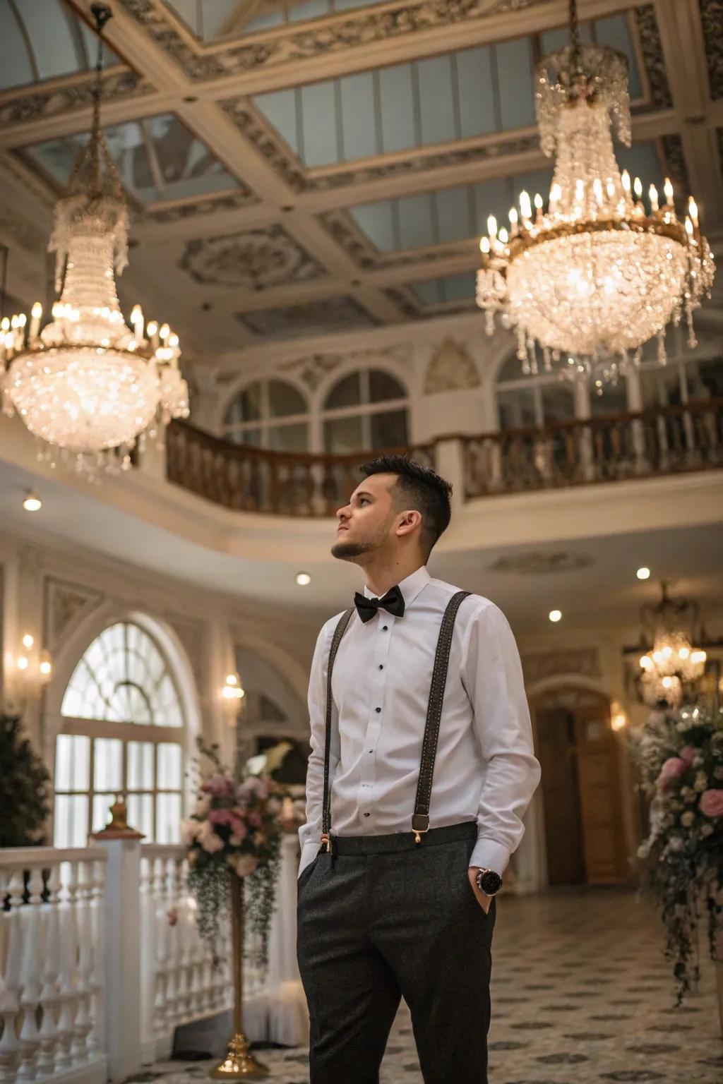 A groom embodying rockabilly charm in suspenders and a bow tie.