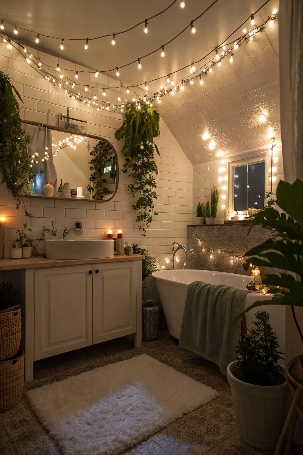 String lights bring a little magic to your romantic bath setting.