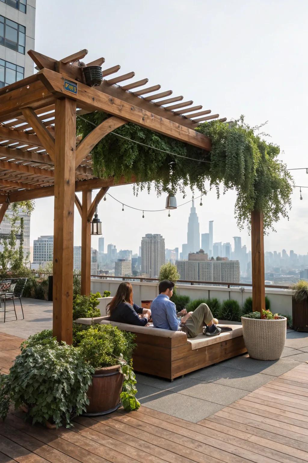 A sophisticated and shaded rooftop pergola.
