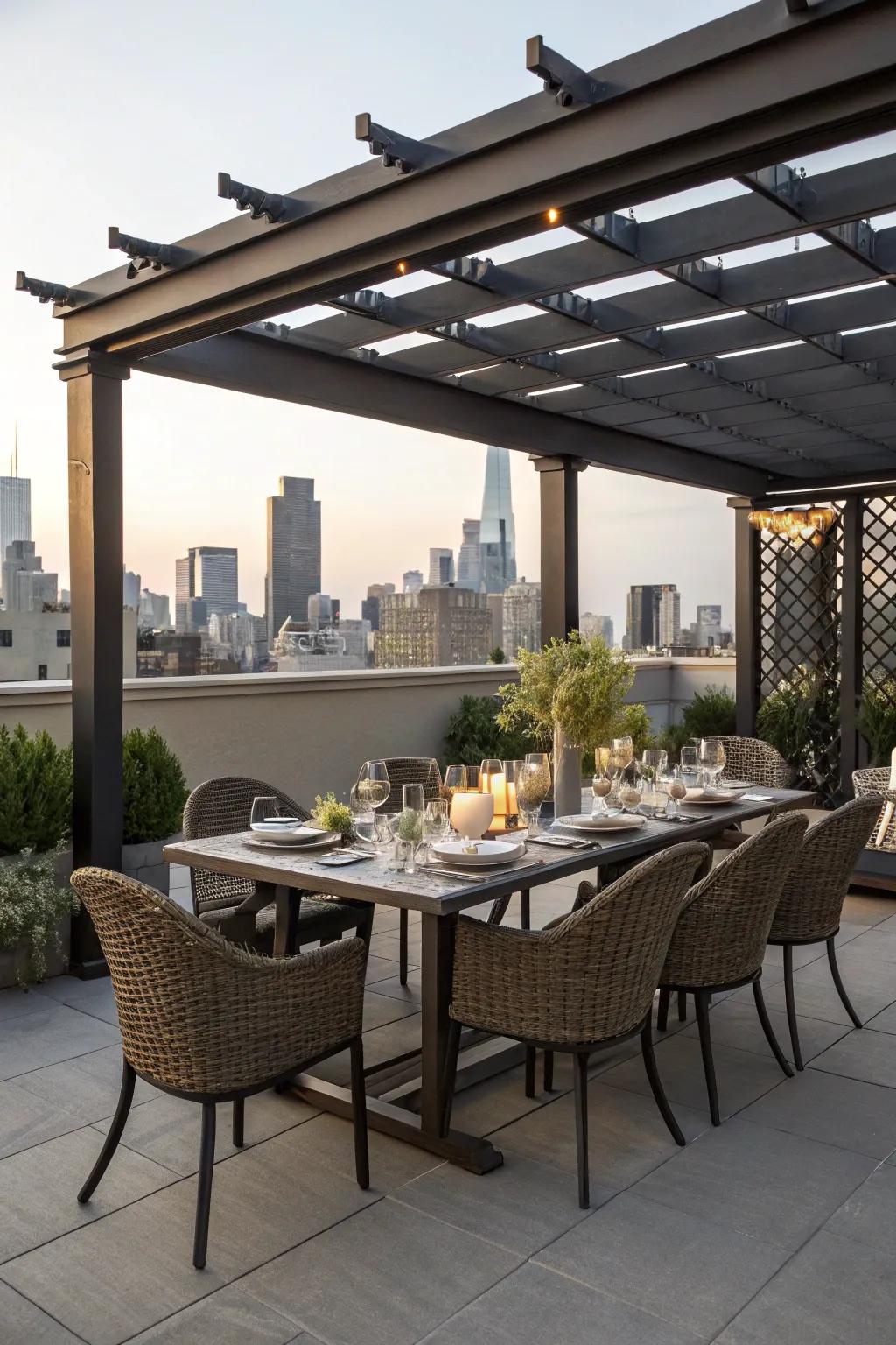 Dining outdoors on a rooftop is a delightful experience.